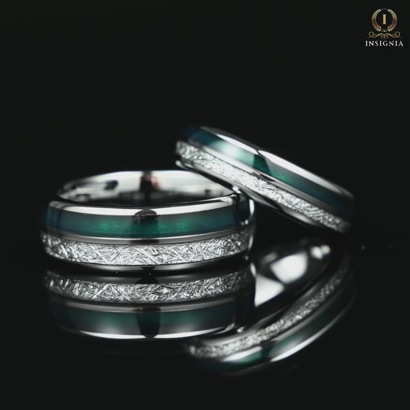 His and her wedding ring sets in silver with green agate and meteorite Video 