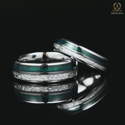 His and her wedding ring sets in silver with green agate and meteorite Video 