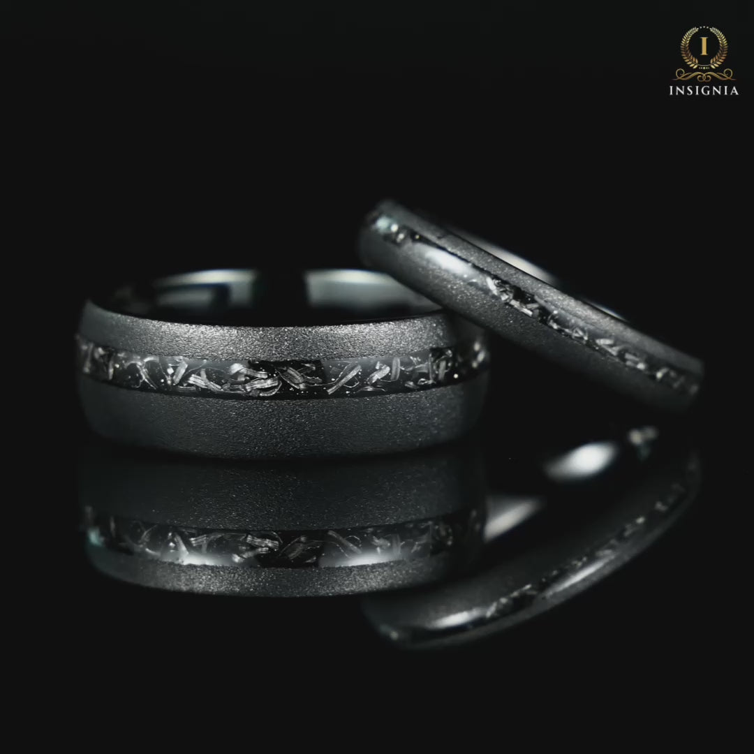 His and Hers Wedding Bands in Black Tungsten with Meteorite Video