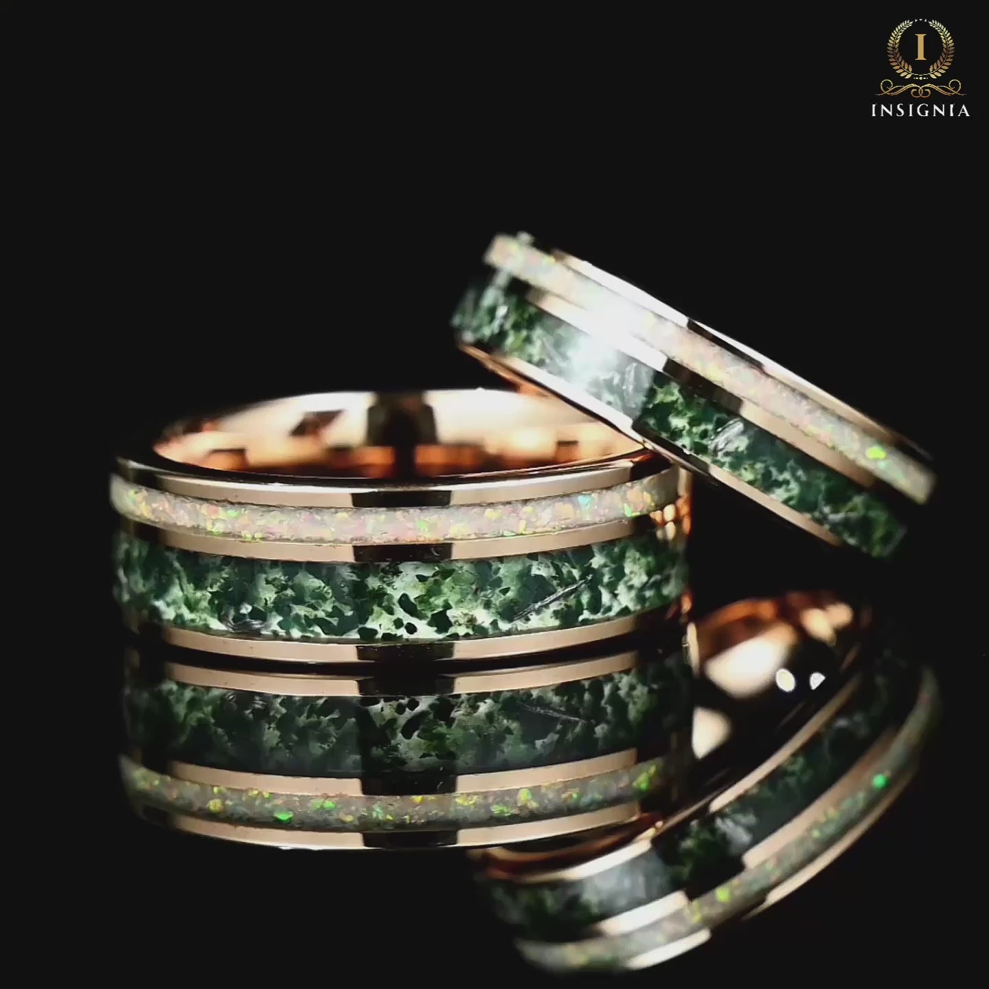 Couple Rings Rose Gold Wedding Set with Moss Agate Video Showcase for Couples