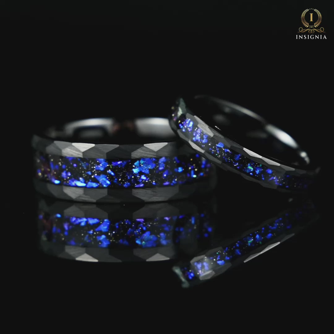 His and Hers Black Tungsten Wedding Rings with Orion Nebula Design Video