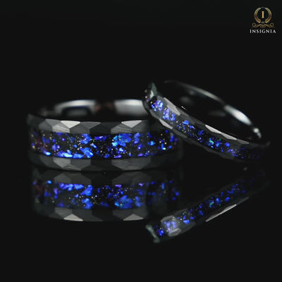 His and Hers Black Tungsten Wedding Rings with Orion Nebula Design Video