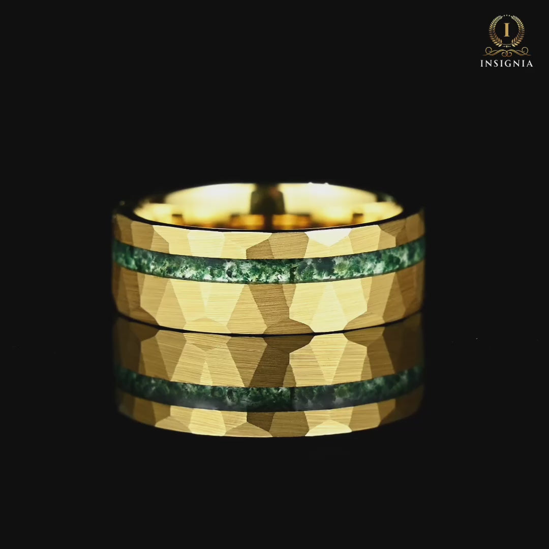 Mens Gold Wedding Band Moss Agate Video