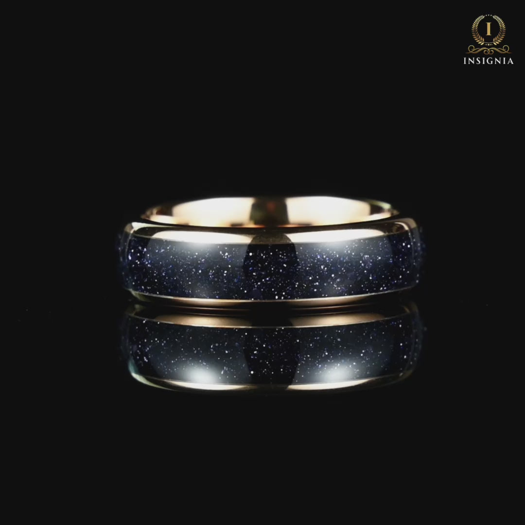 Video of Affordable Wedding Rings in Tungsten and Blue Sandstone Inlay.