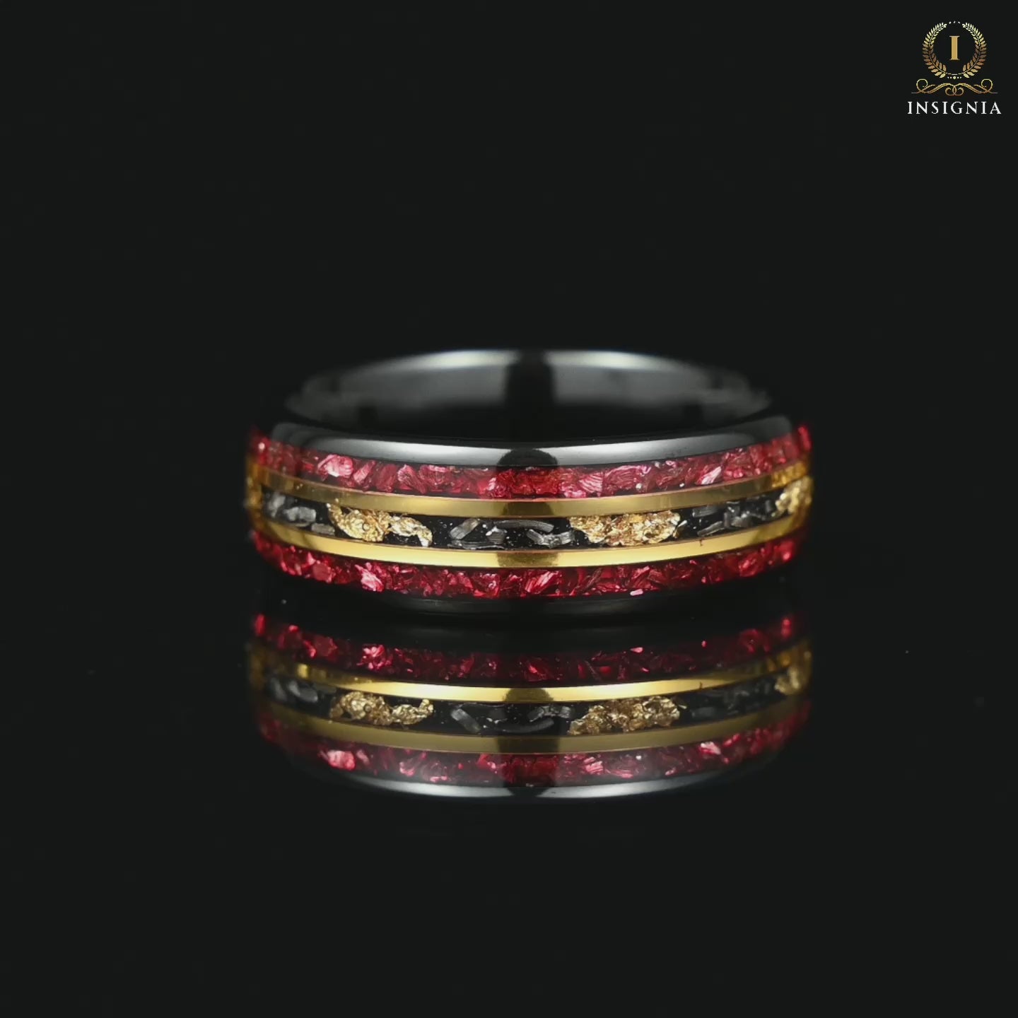 Marriage ring male black tungsten band with garnet and meteorite inlay Video