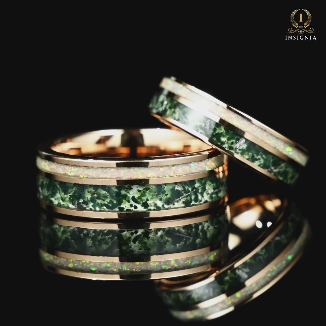 Couple Rings Rose Gold Wedding Set with Moss Agate Video