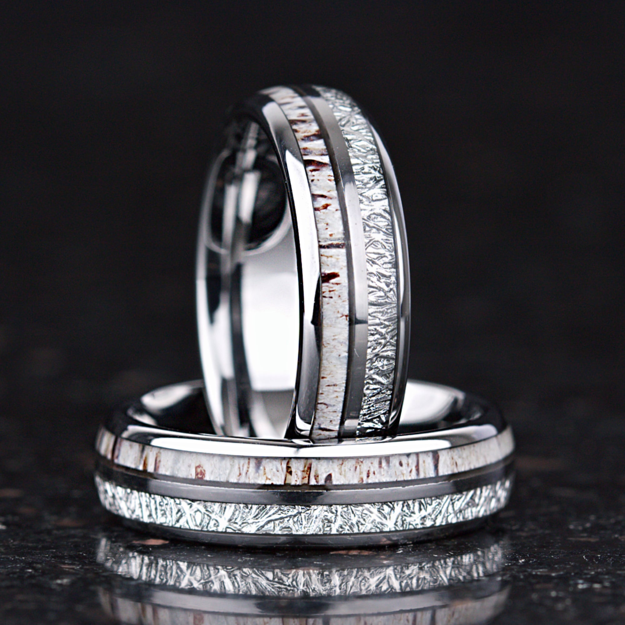 Promis rings tungsten band with deer antler and meteorite detail