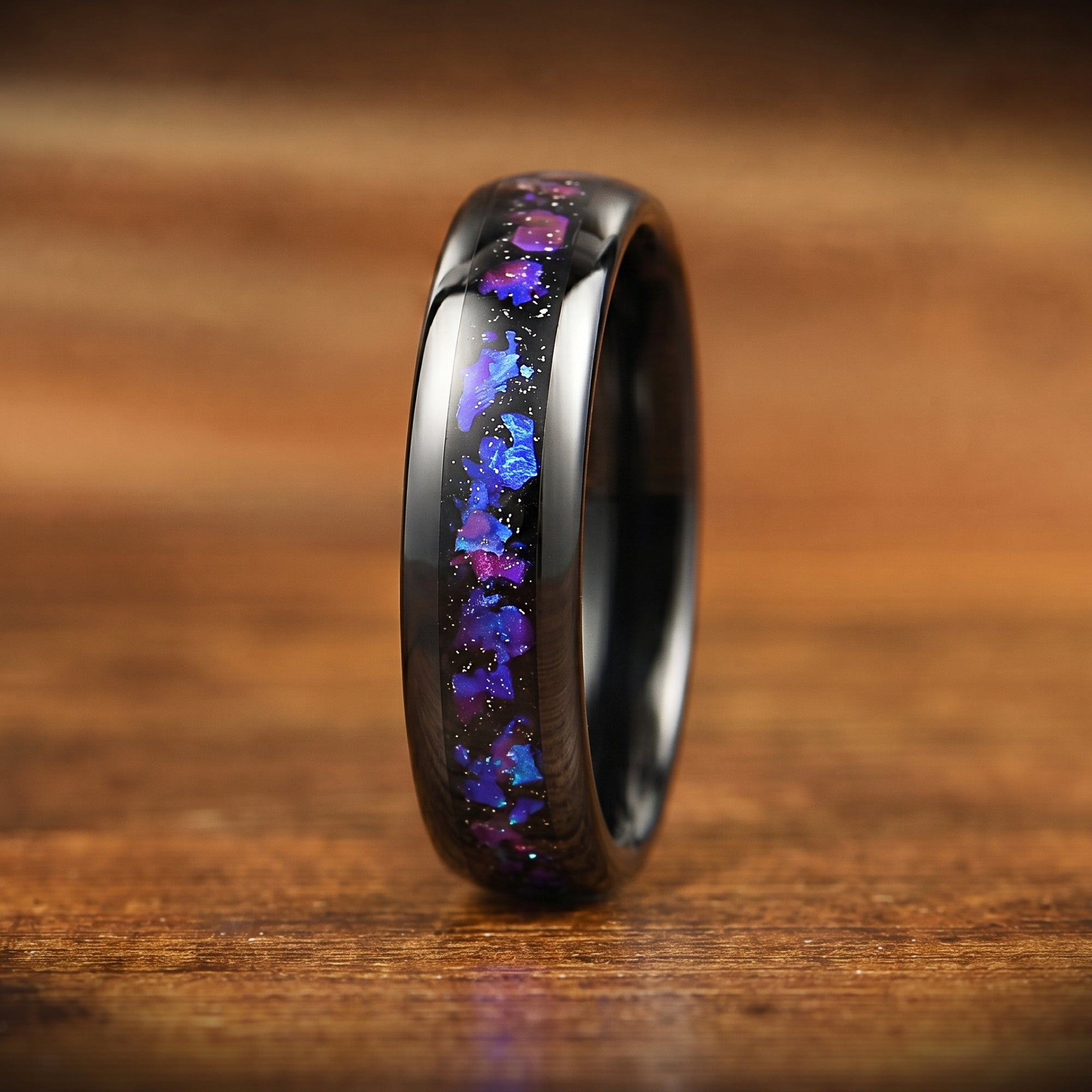 Promise Ring for Him in Black Tungsten with Galaxy Design Close Up View
