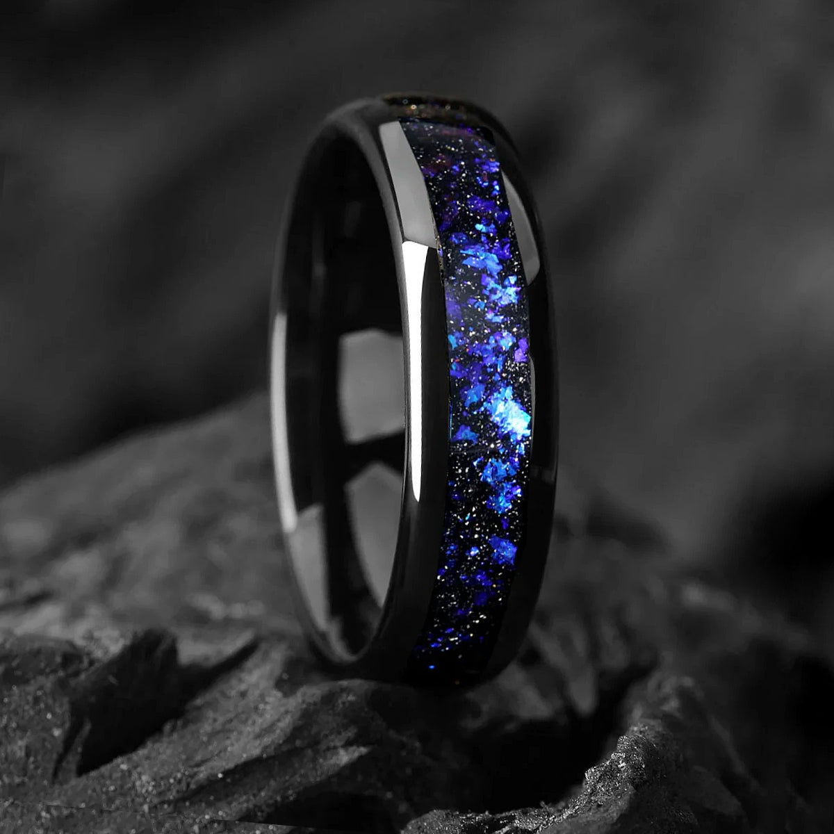 Promise Ring for Him in Black Tungsten with Galaxy Design Side View