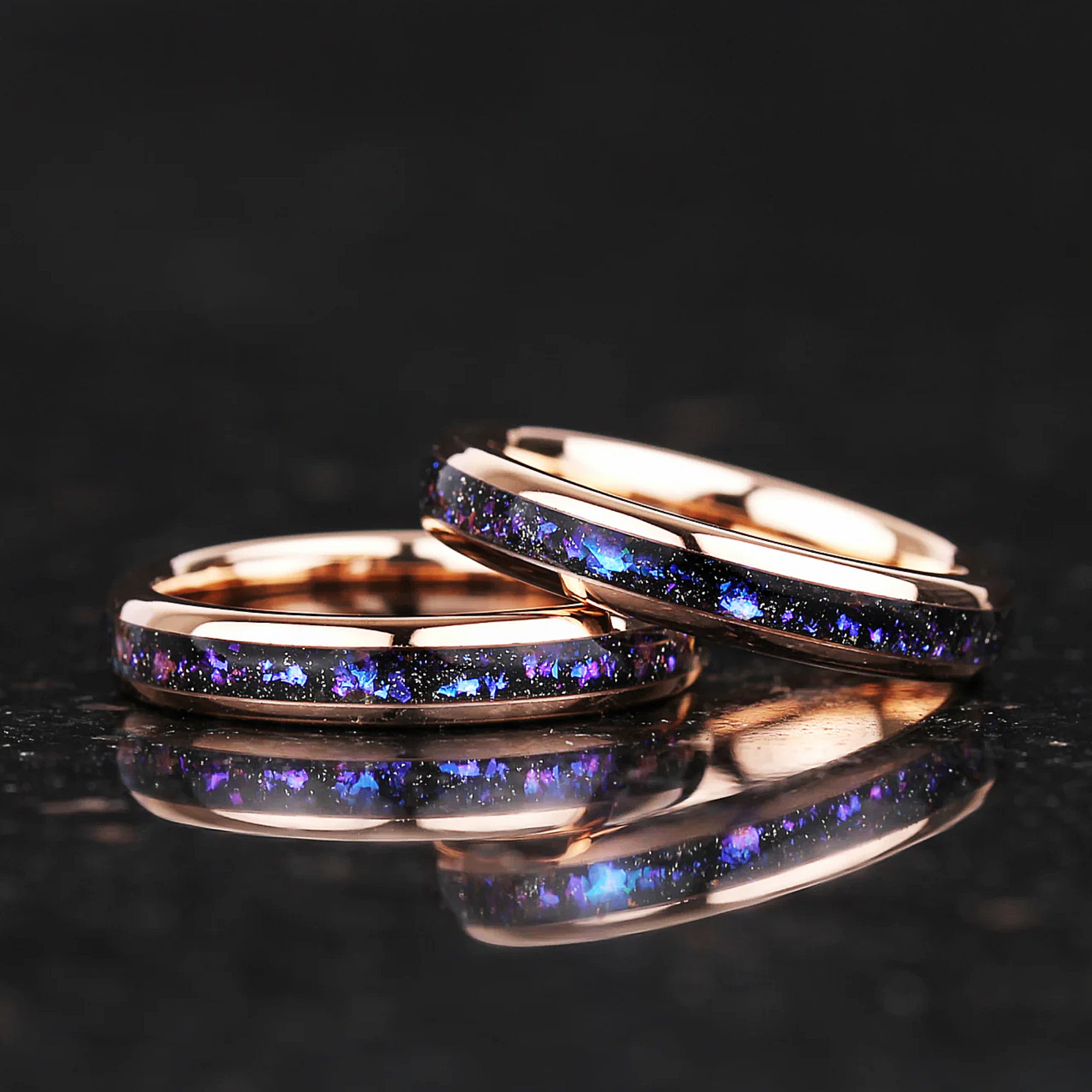 Promise.rings female band with polished gold finish and blue inlay