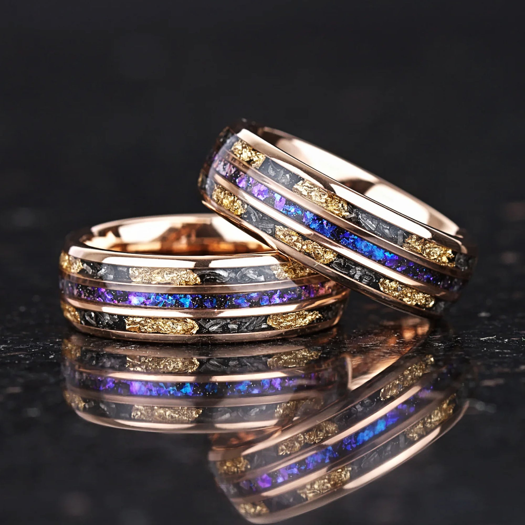 Promise.rings style set with meteorite inlay and matching gold band detail
