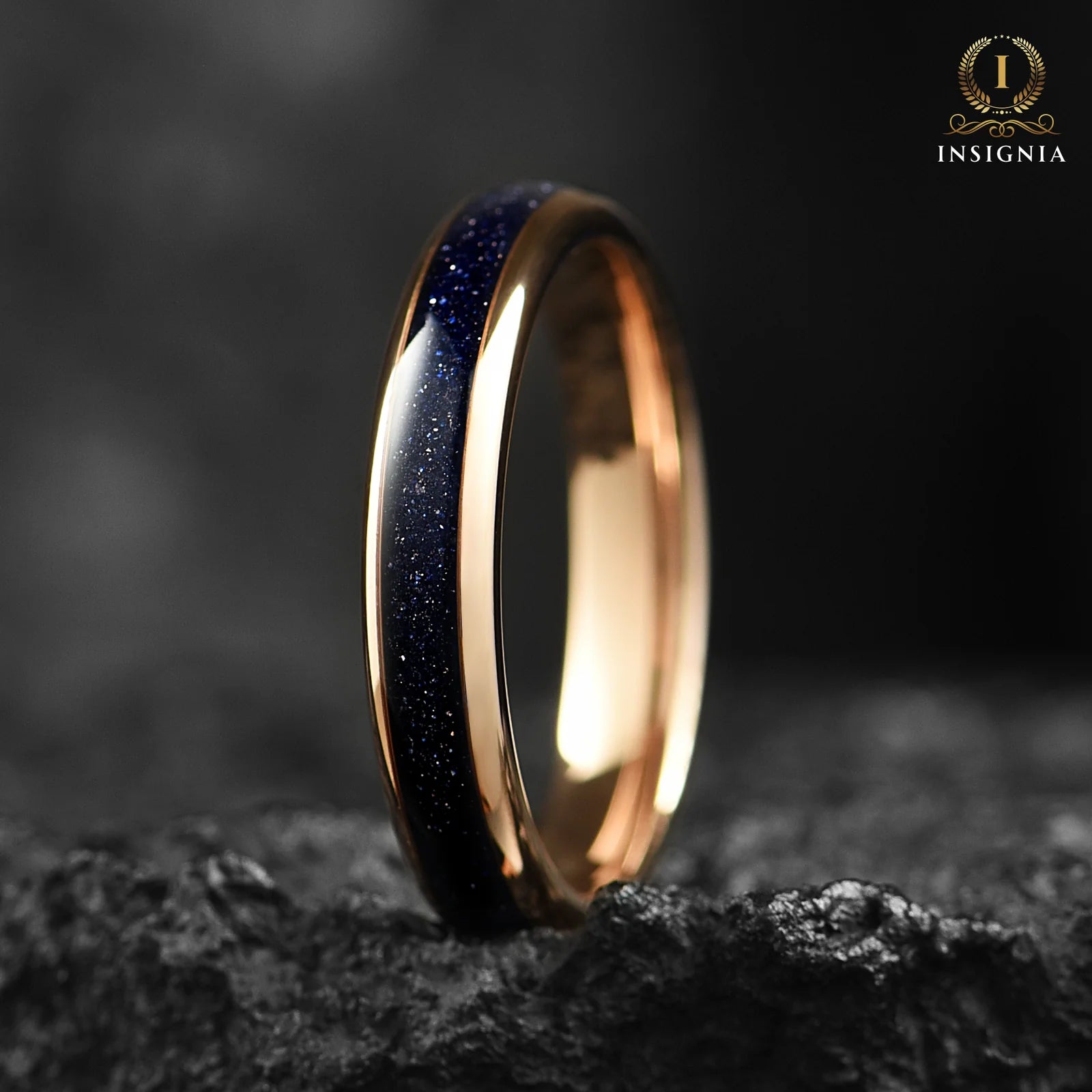 Promise rose gold rings featuring blue sandstone in a smooth tungsten band design