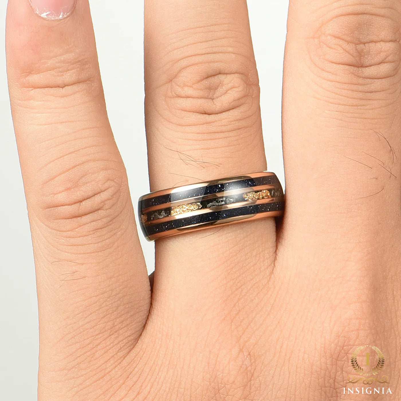 Promise rose gold rings with real meteorite and gold leaf detail