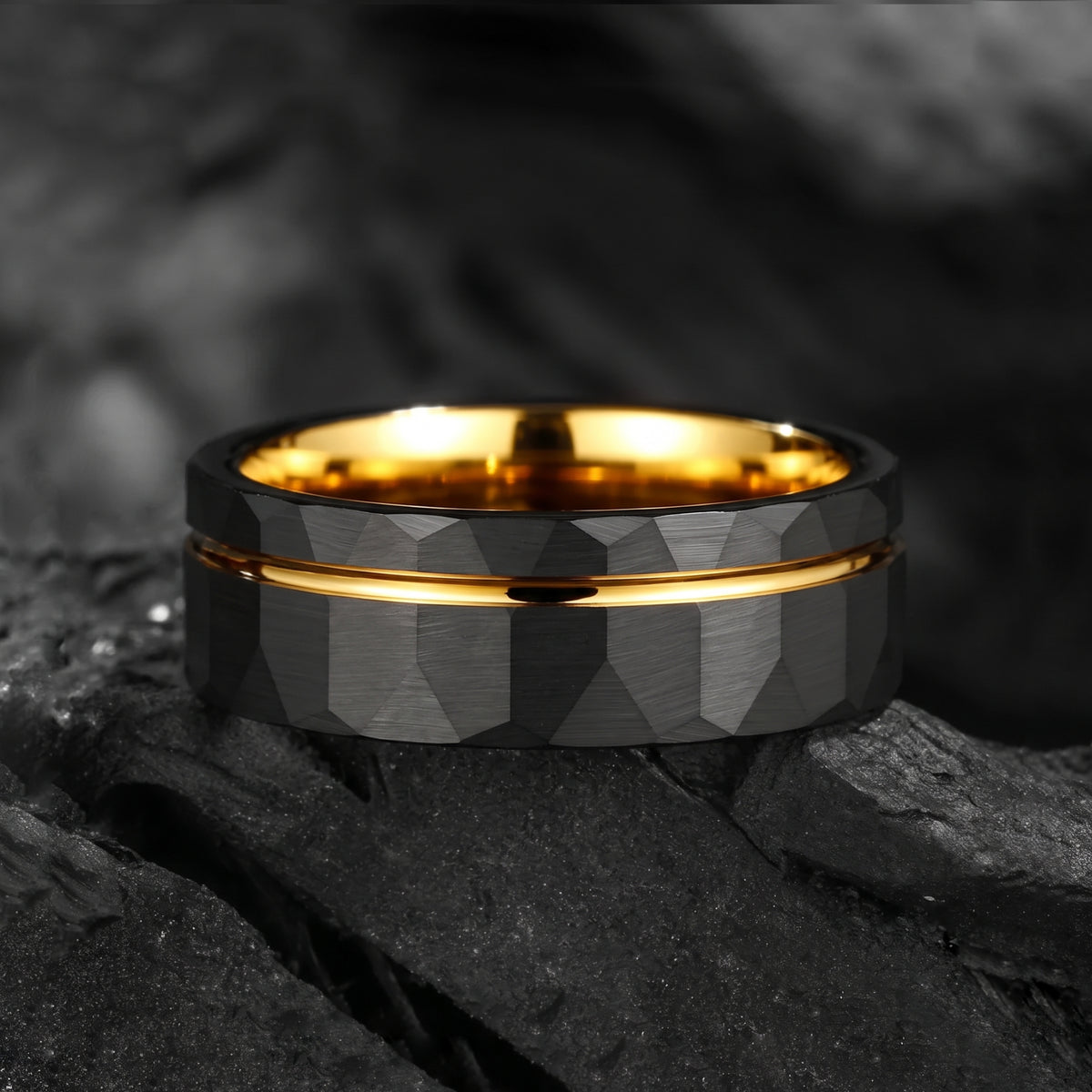 GOLD WEDDING BAND BLACK TUNGSTEN POLISHED GOLD CORE (8MM)