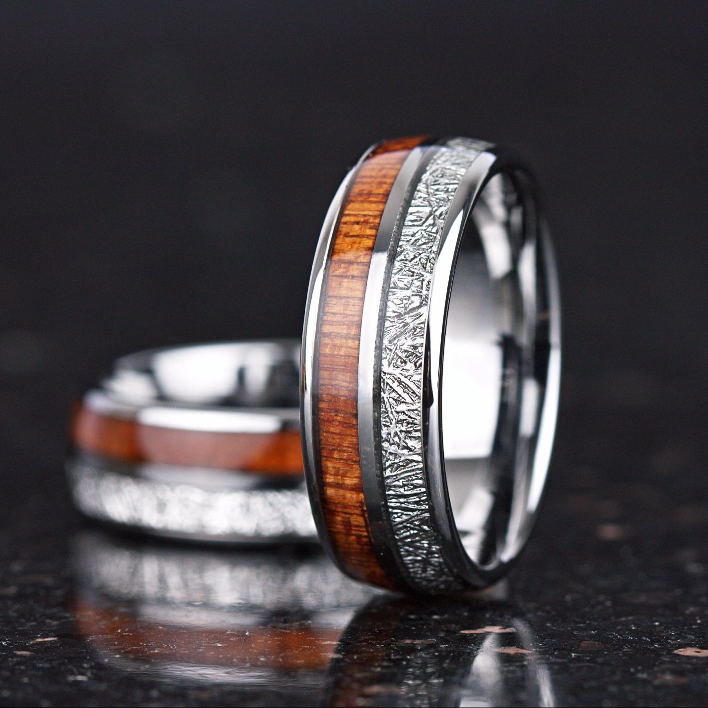 Ring men silver tungsten band with wood inlay polished finish