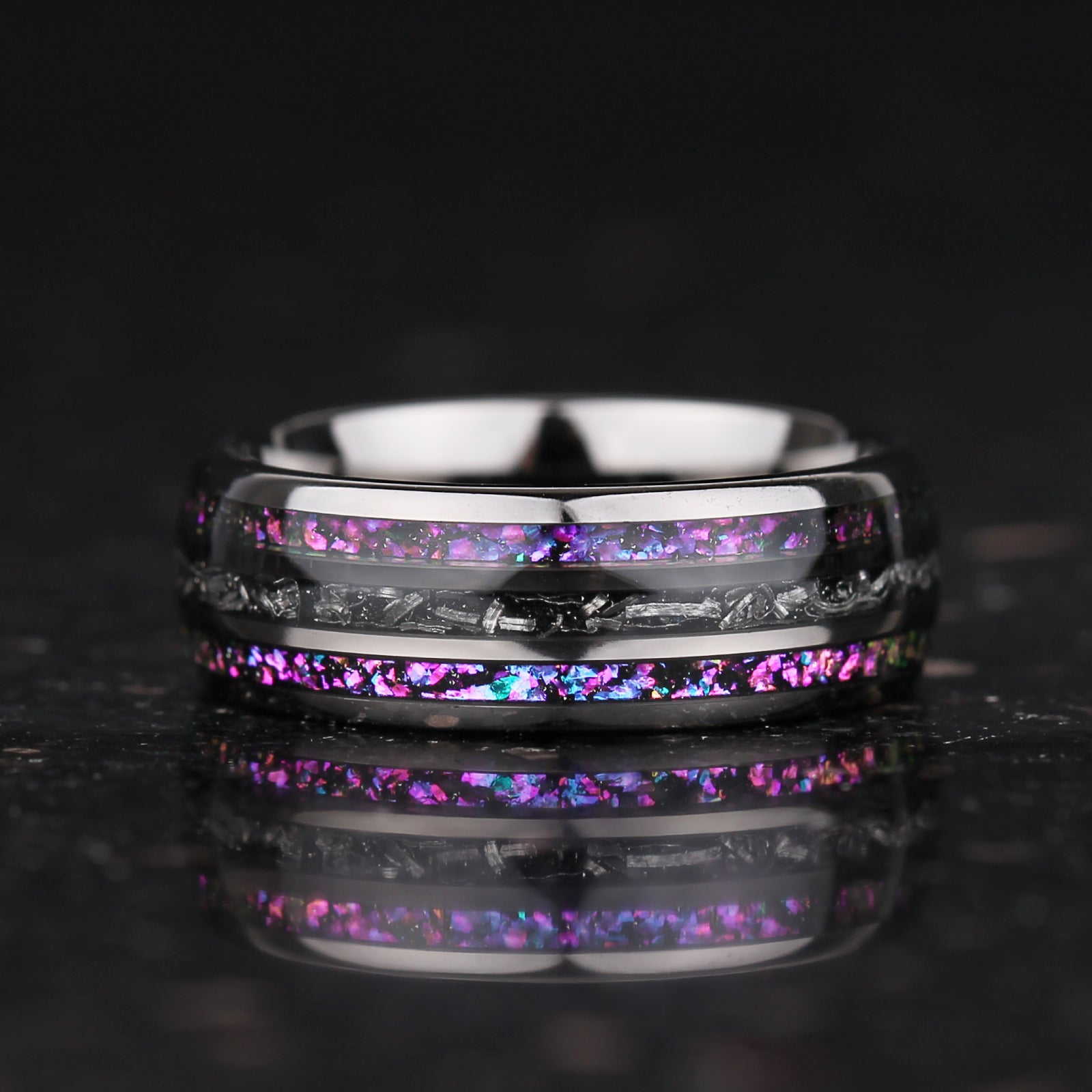 Ring mens black design with meteorite and nebula pattern