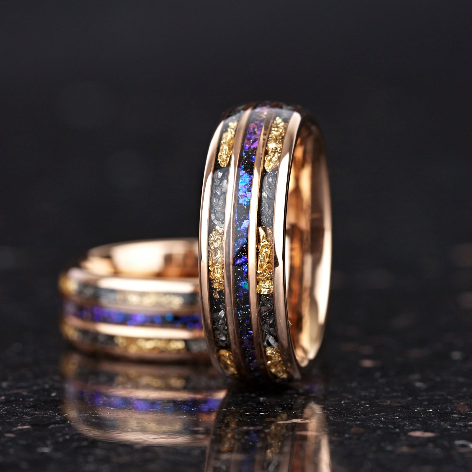 Rings mens with Orion nebula detail and polished tungsten band