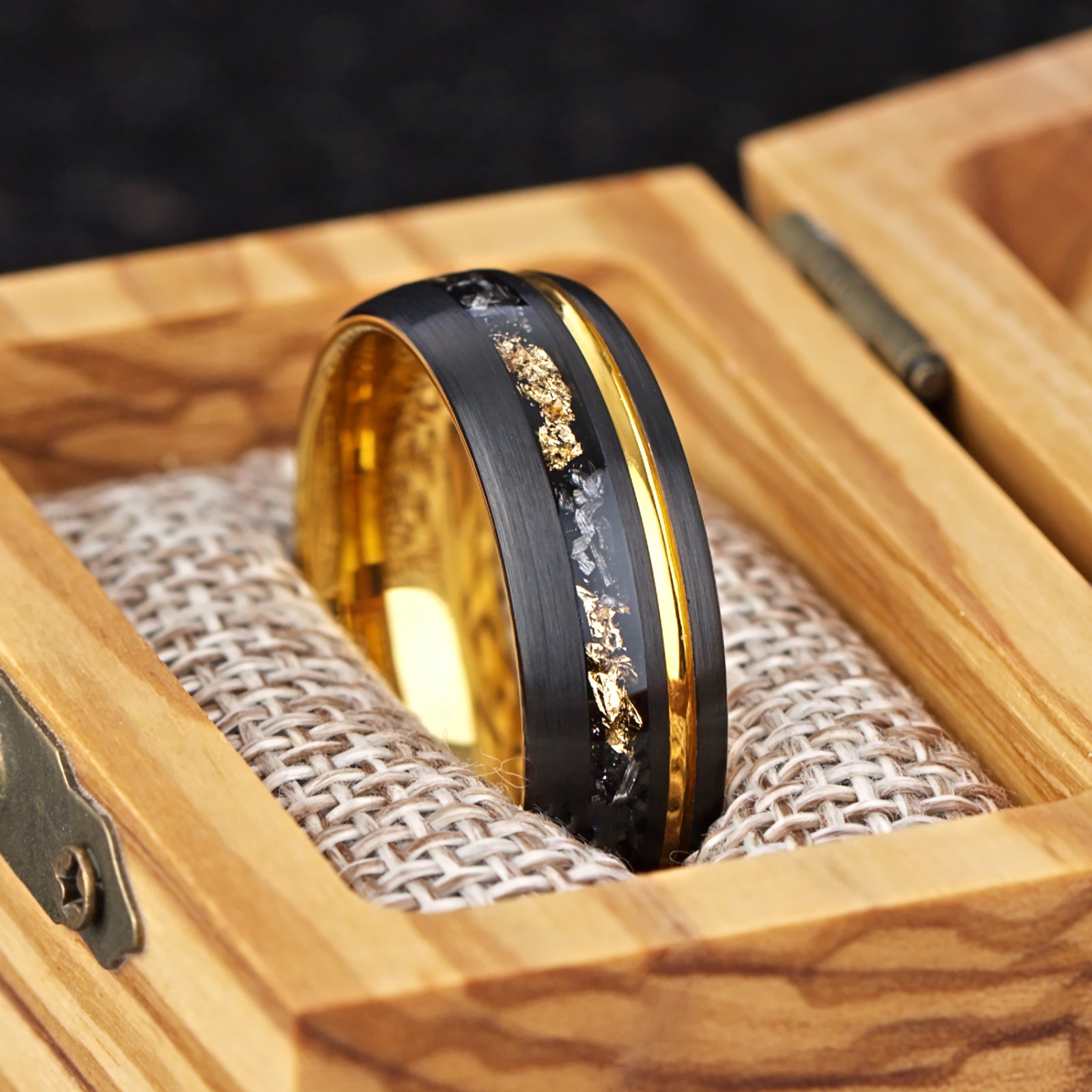 Rings UK mens black tungsten wedding band with meteorite inlay
