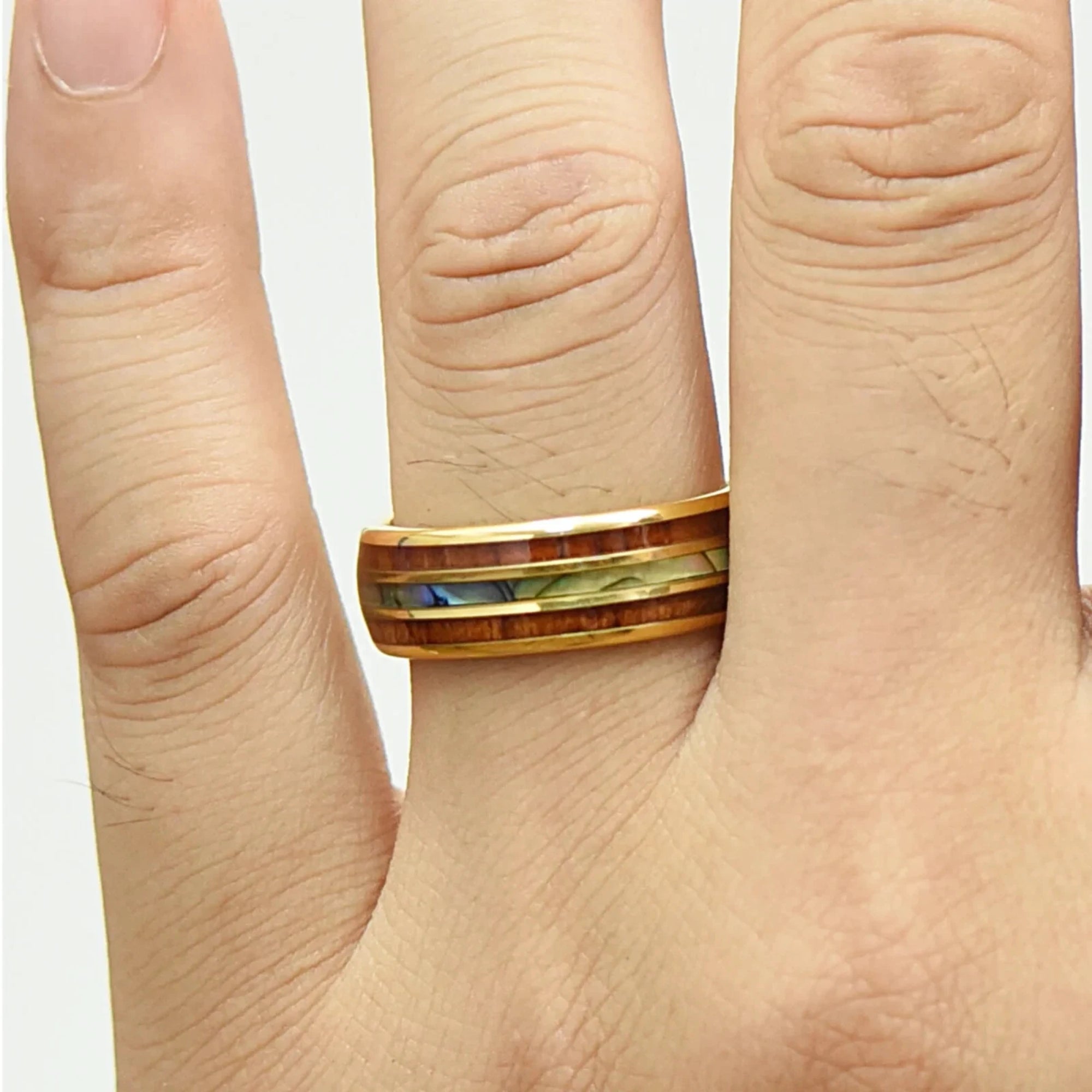 MEN'S UNIQUE WEDDING RING GOLD TUNGSTEN KOA WOOD ABALONE 8MM