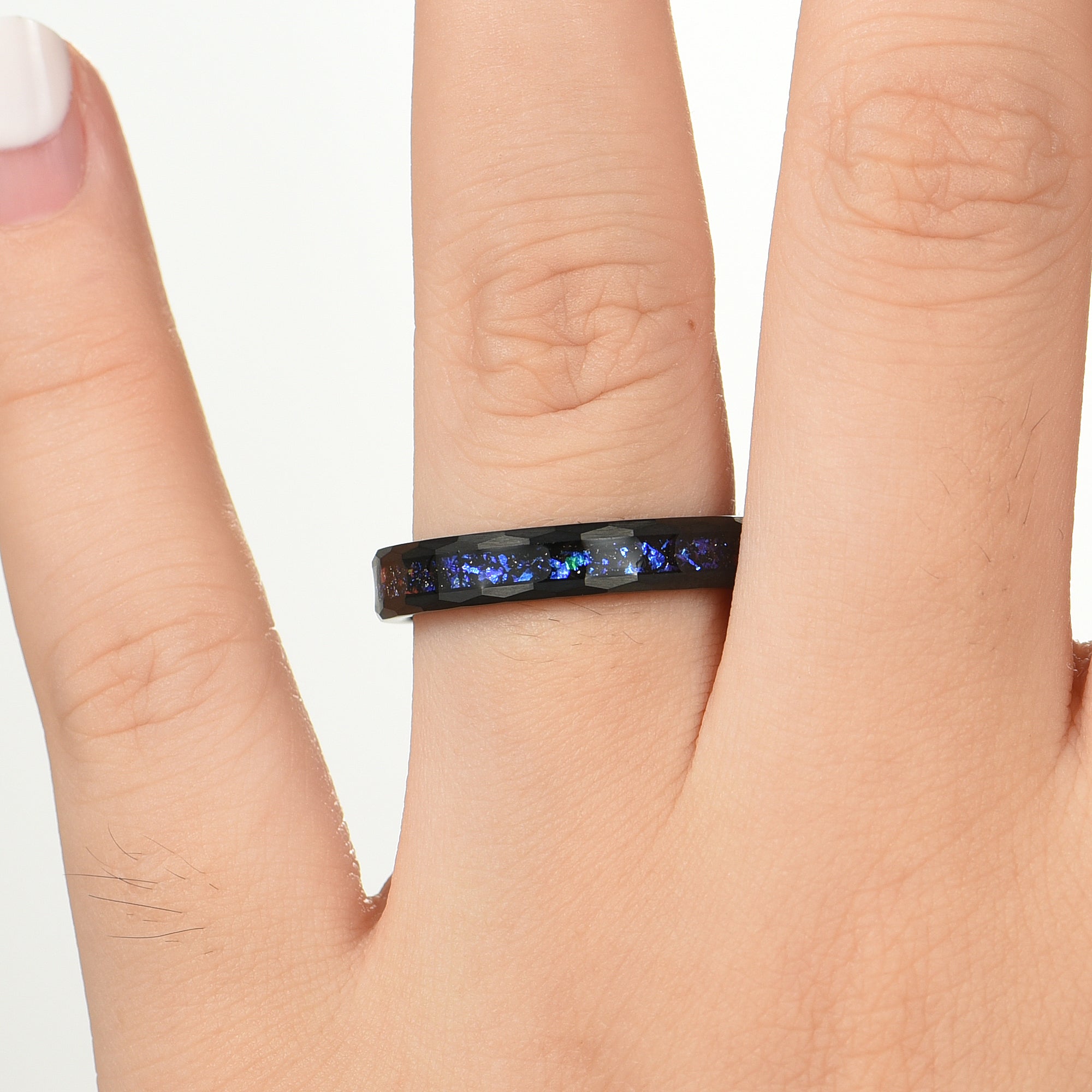 Set in Wedding Band with Nebula Rings Hammered Female Hand View