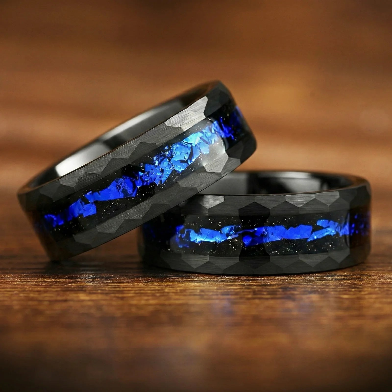 Set in Wedding Band with Cygnus Loop Nebula Inspired Blue Sandstone Inlay Back View