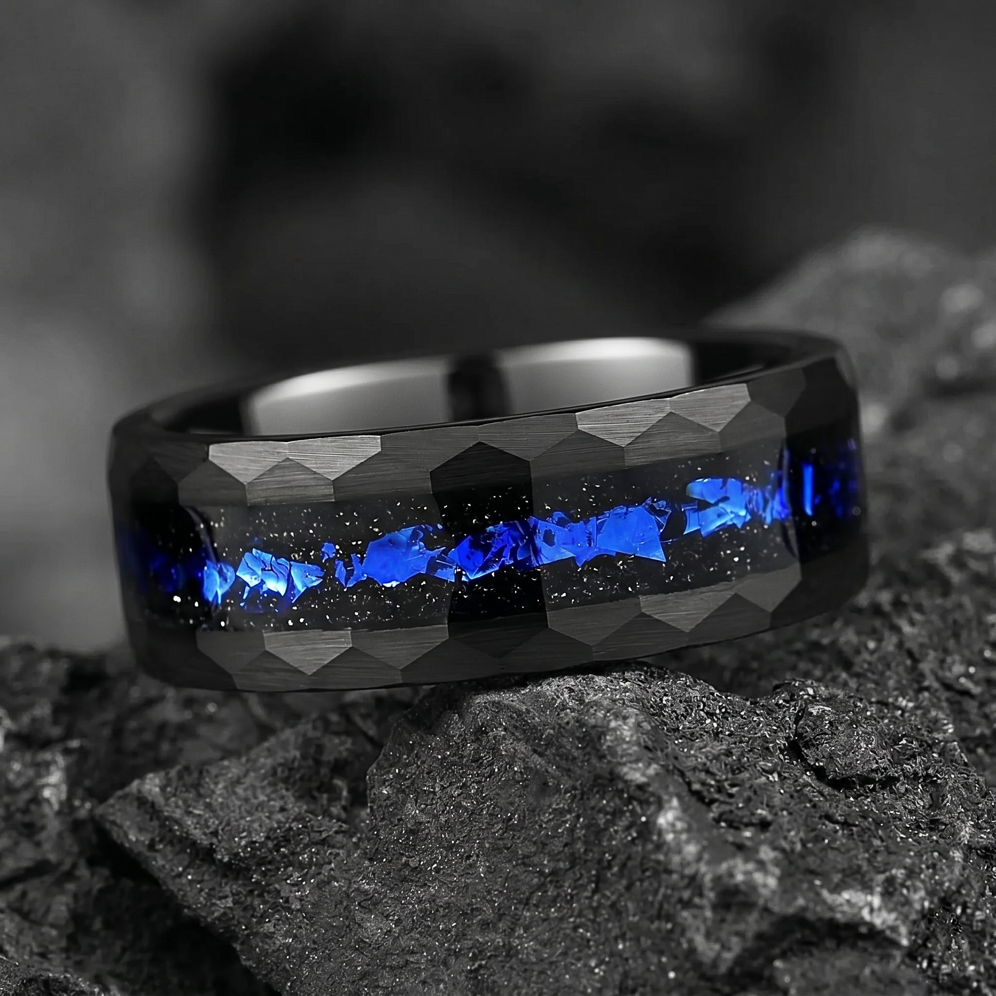 Set in Wedding Band with Cygnus Loop Nebula Inspired Blue Sandstone Inlay Close Up View