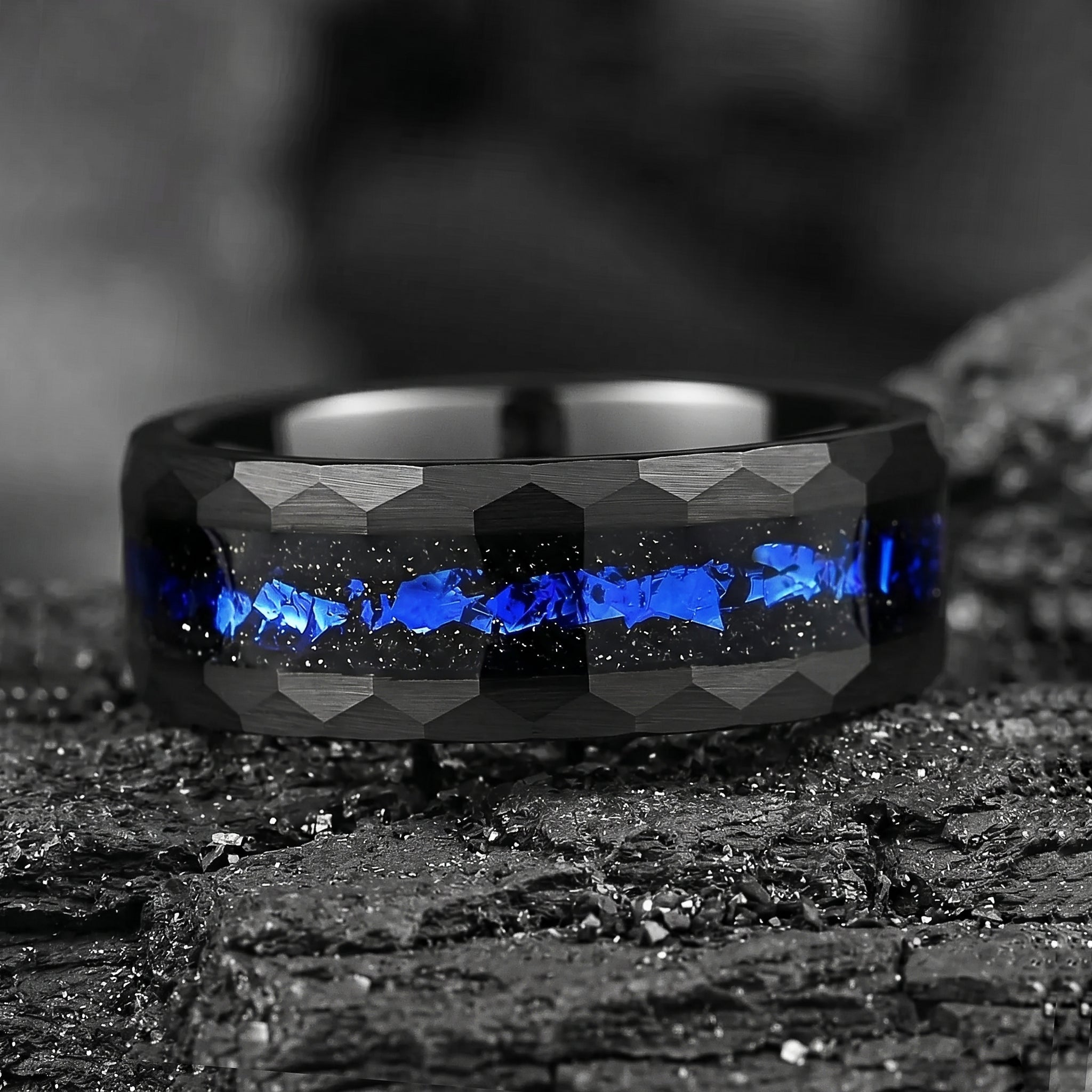 Set in Wedding Band with Cygnus Loop Nebula Inspired Blue Sandstone Inlay Detail View