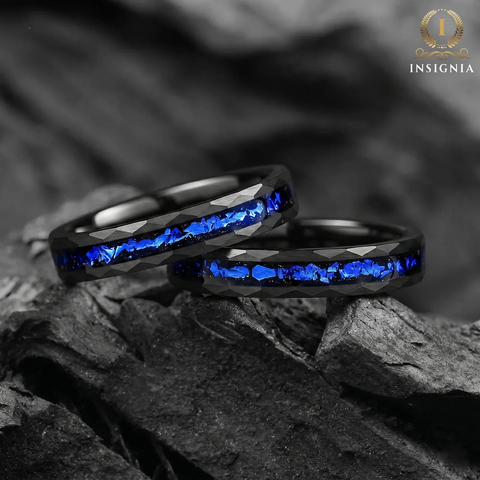 Set in Wedding Band with Cygnus Loop Nebula Inspired Blue Sandstone Inlay Display View