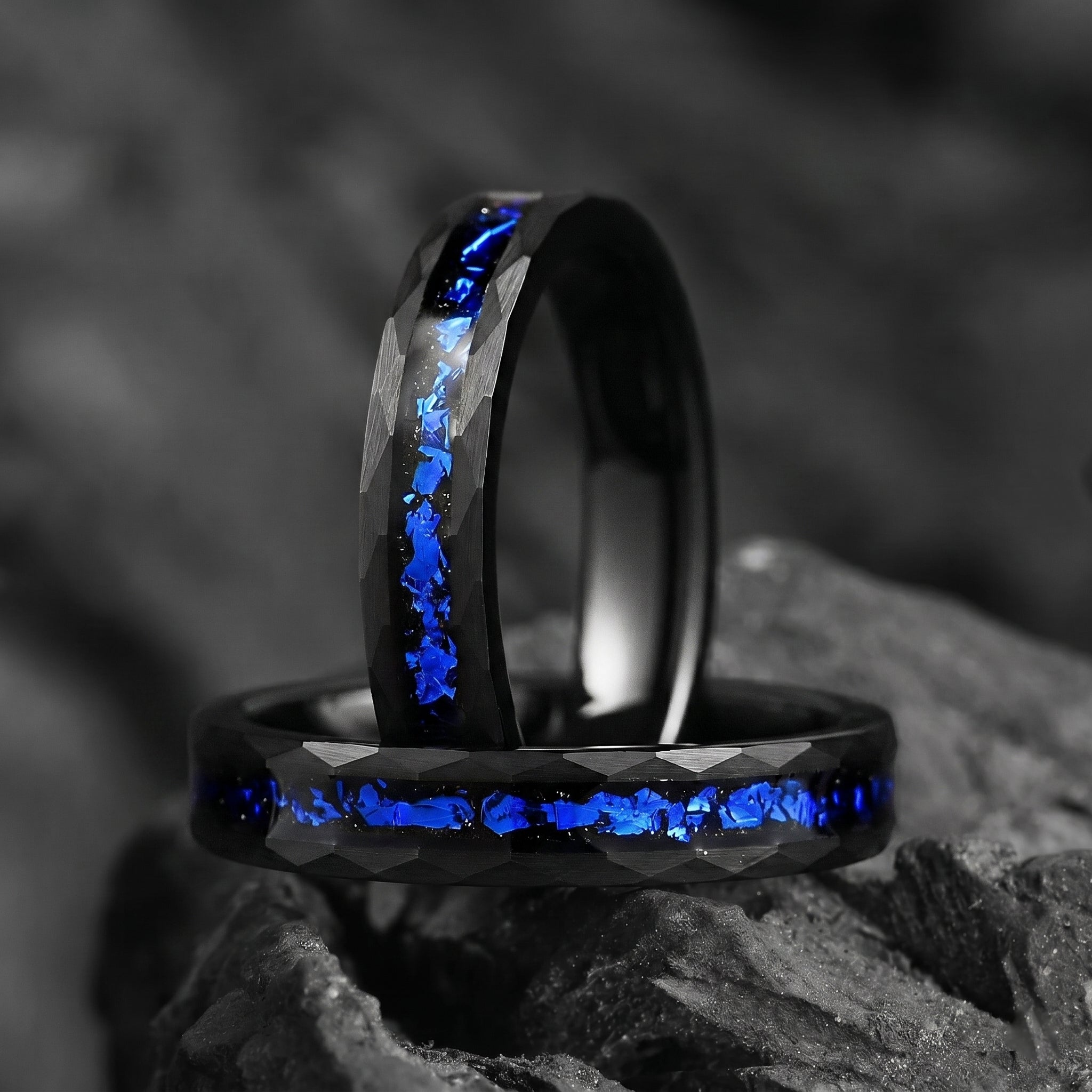 Set in Wedding Band with Cygnus Loop Nebula Inspired Blue Sandstone Inlay Female Ring Close Up