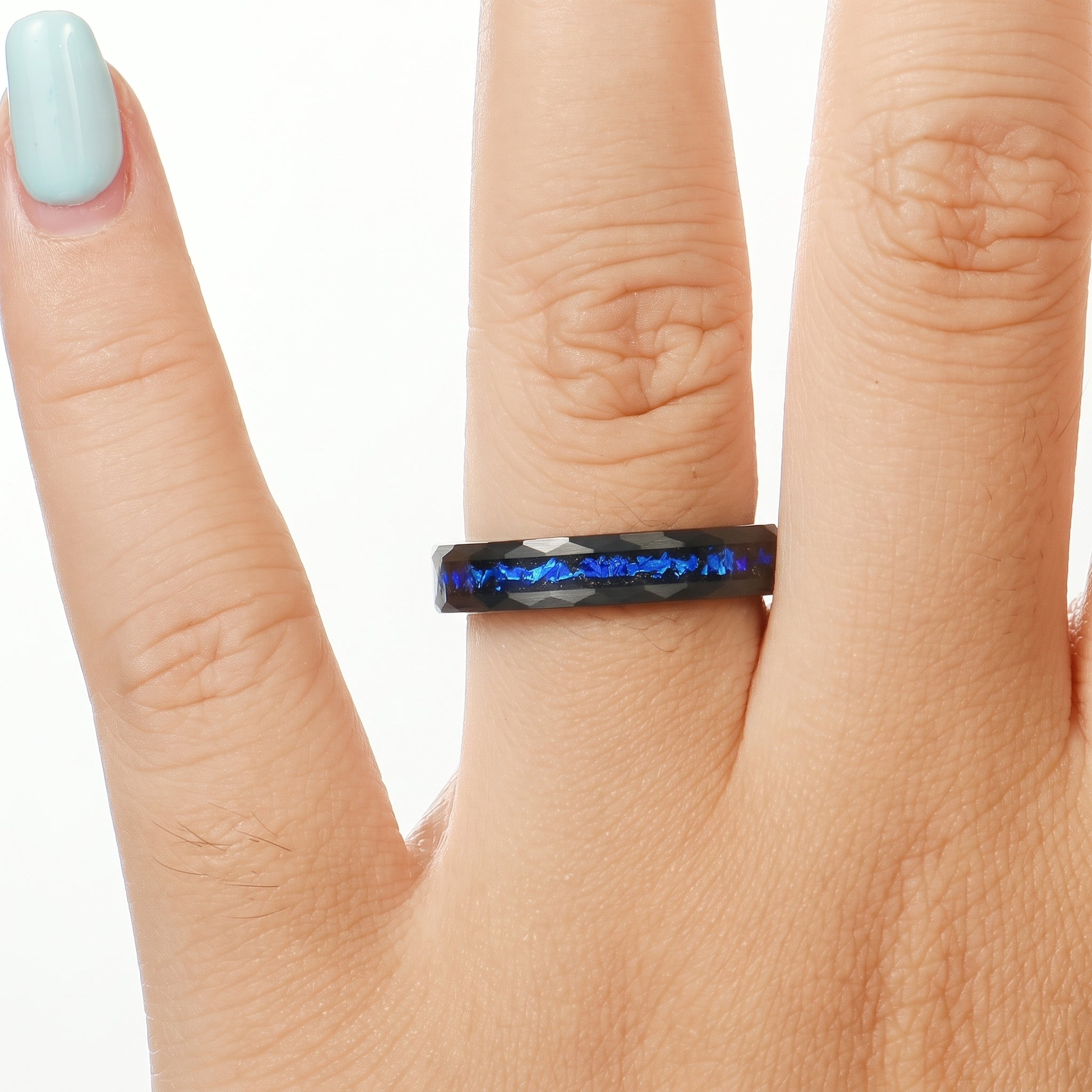 Set in Wedding Band with Cygnus Loop Nebula Inspired Blue Sandstone Inlay on a Female Hand View