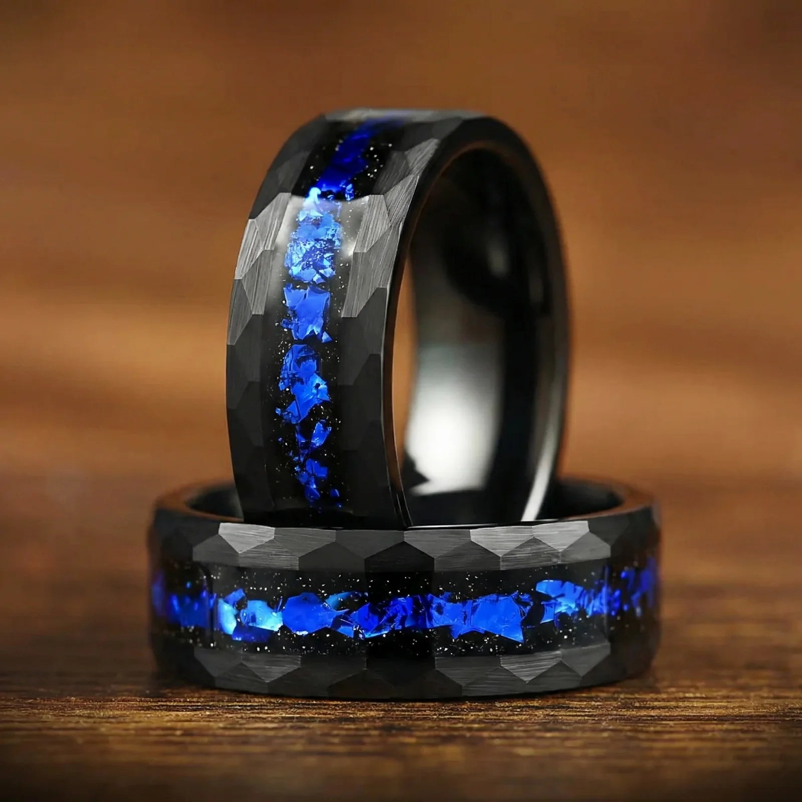 Set in Wedding Band with Cygnus Loop Nebula Inspired Blue Sandstone Inlay Front View