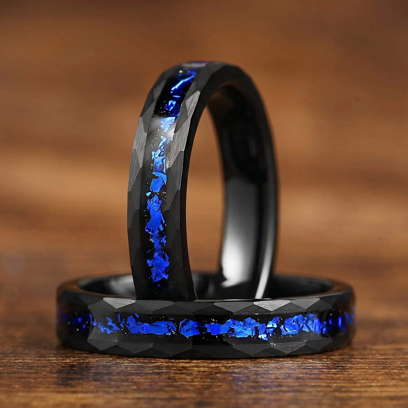Set in Wedding Band with Cygnus Loop Nebula Inspired Blue Sandstone Inlay Reflection Detail