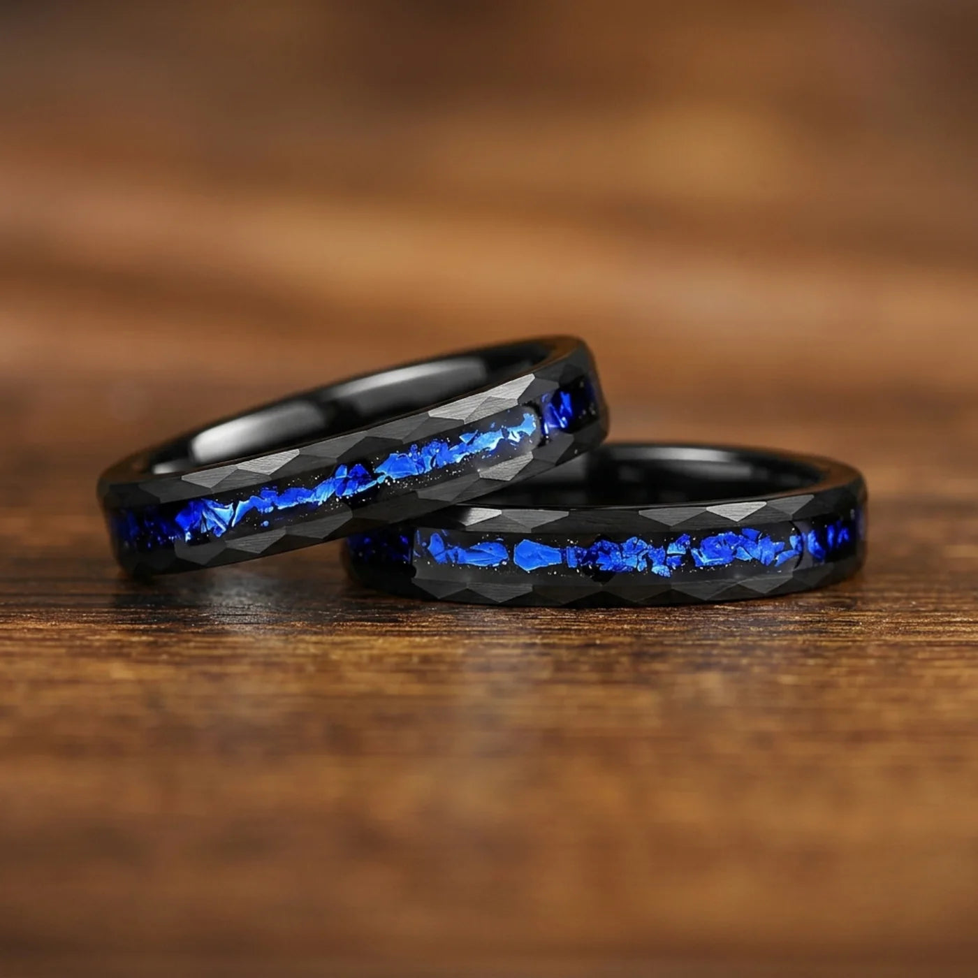 Set in Wedding Band with Cygnus Loop Nebula Inspired Blue Sandstone Inlay Stacked View