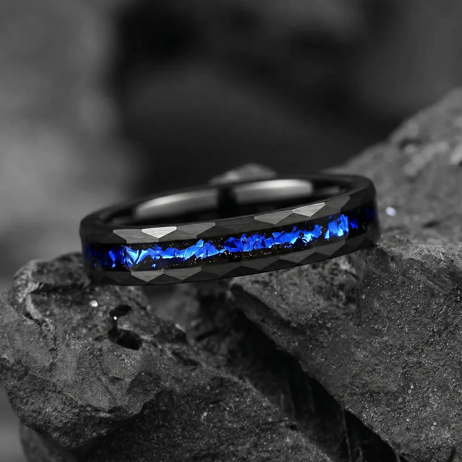Set in Wedding Band with Cygnus Loop Nebula Inspired Blue Sandstone Inlay Titled View