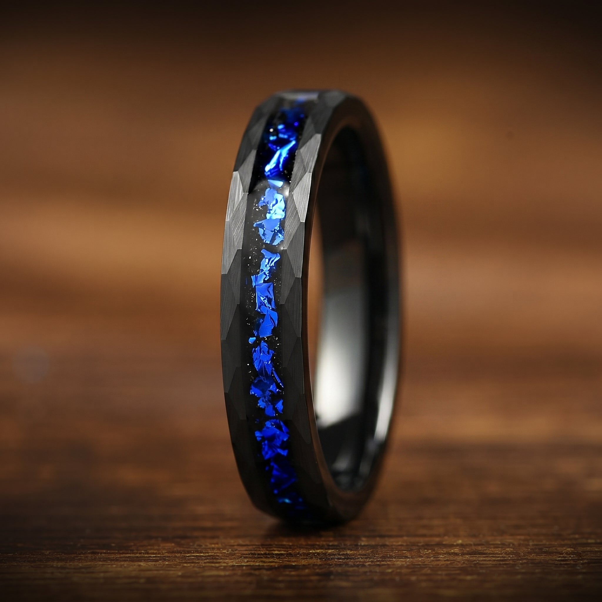 Set in Wedding Band with Cygnus Loop Nebula Inspired Blue Sandstone Inlay Vertical View