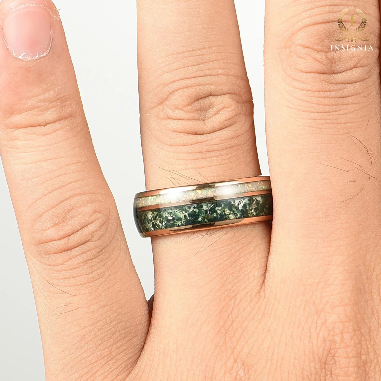 Set in wedding band design with opal and moss agate detail