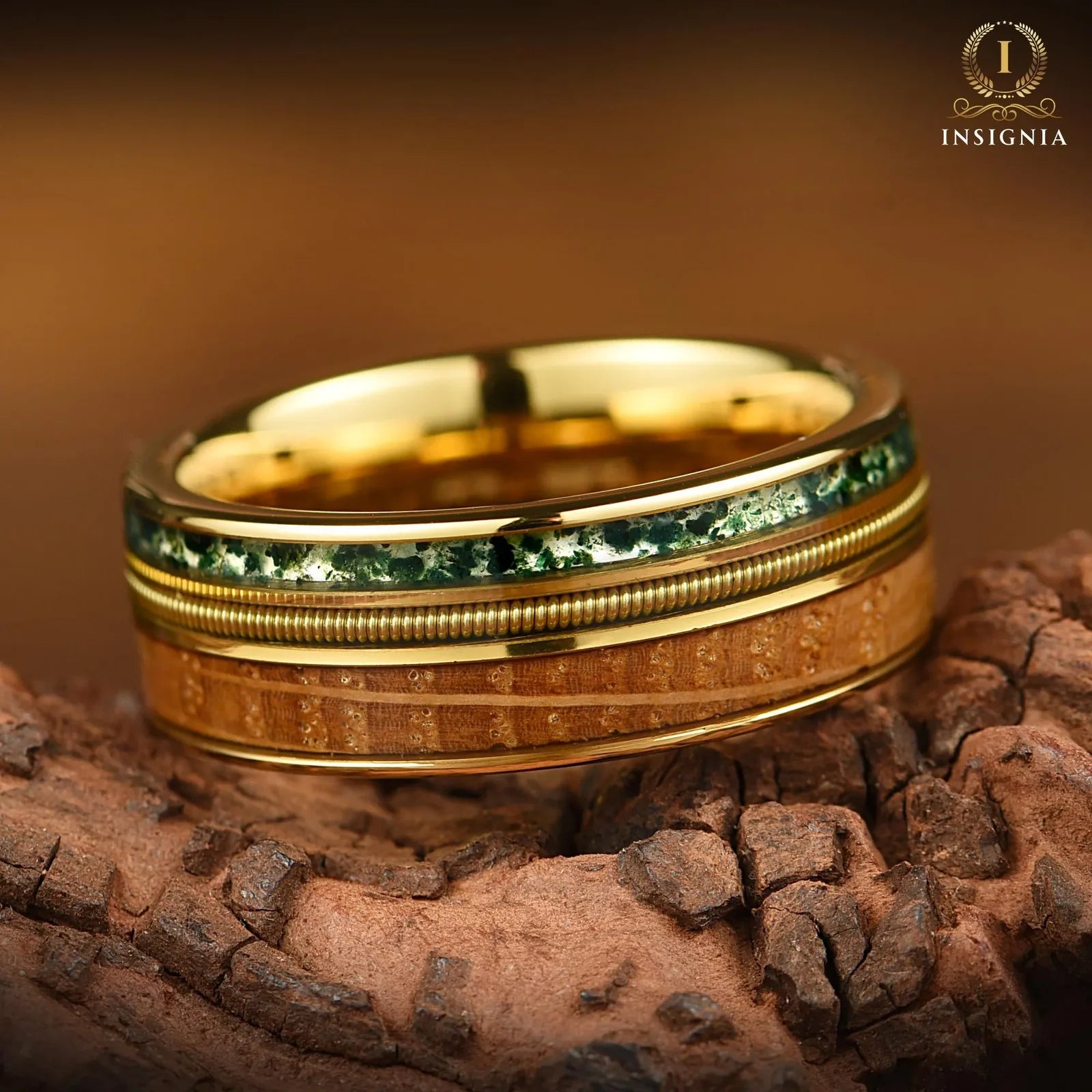 Set Ring Wedding with Moss Agate Gold Detail View