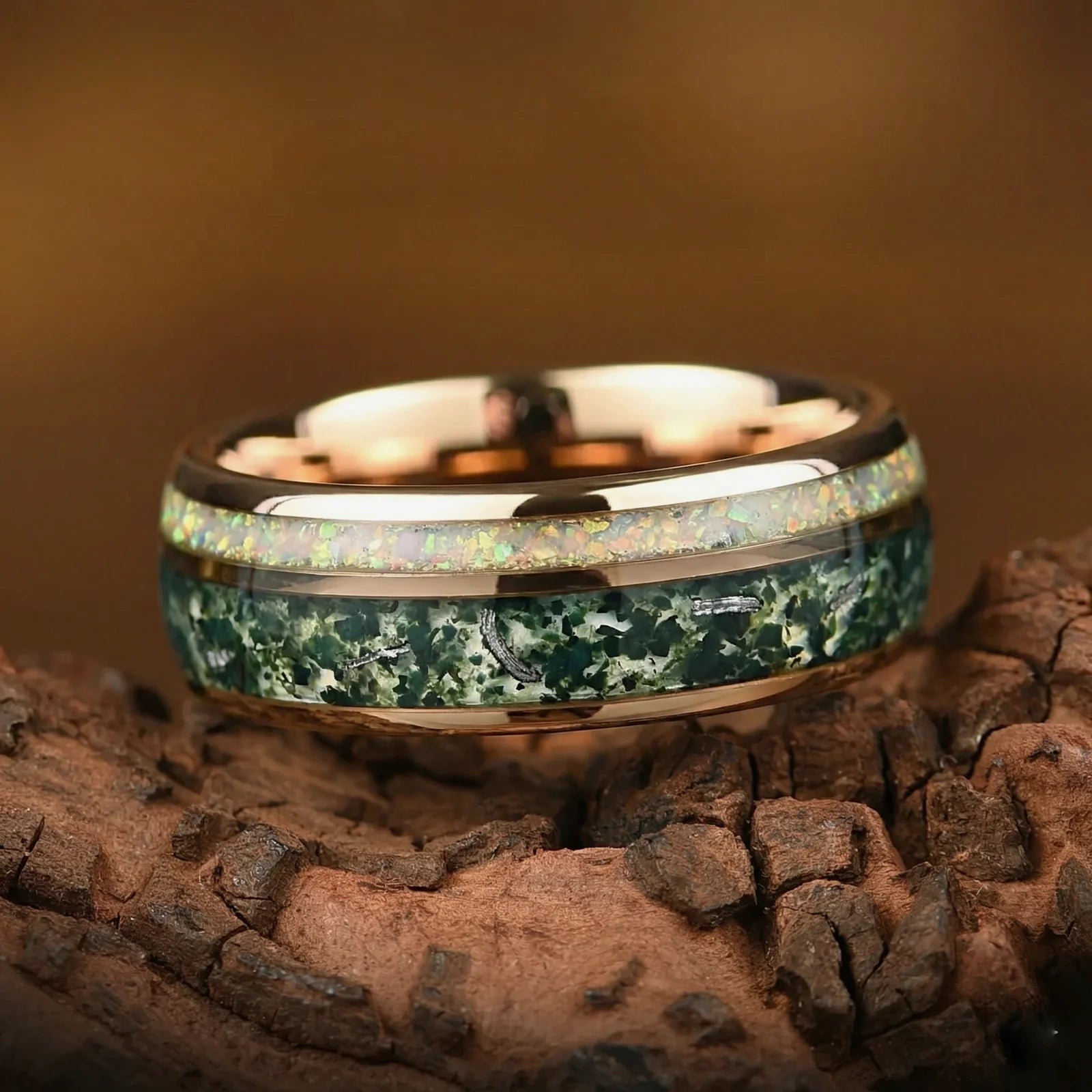Set wedding rings for couples with moss agate and meteorite inlay detail