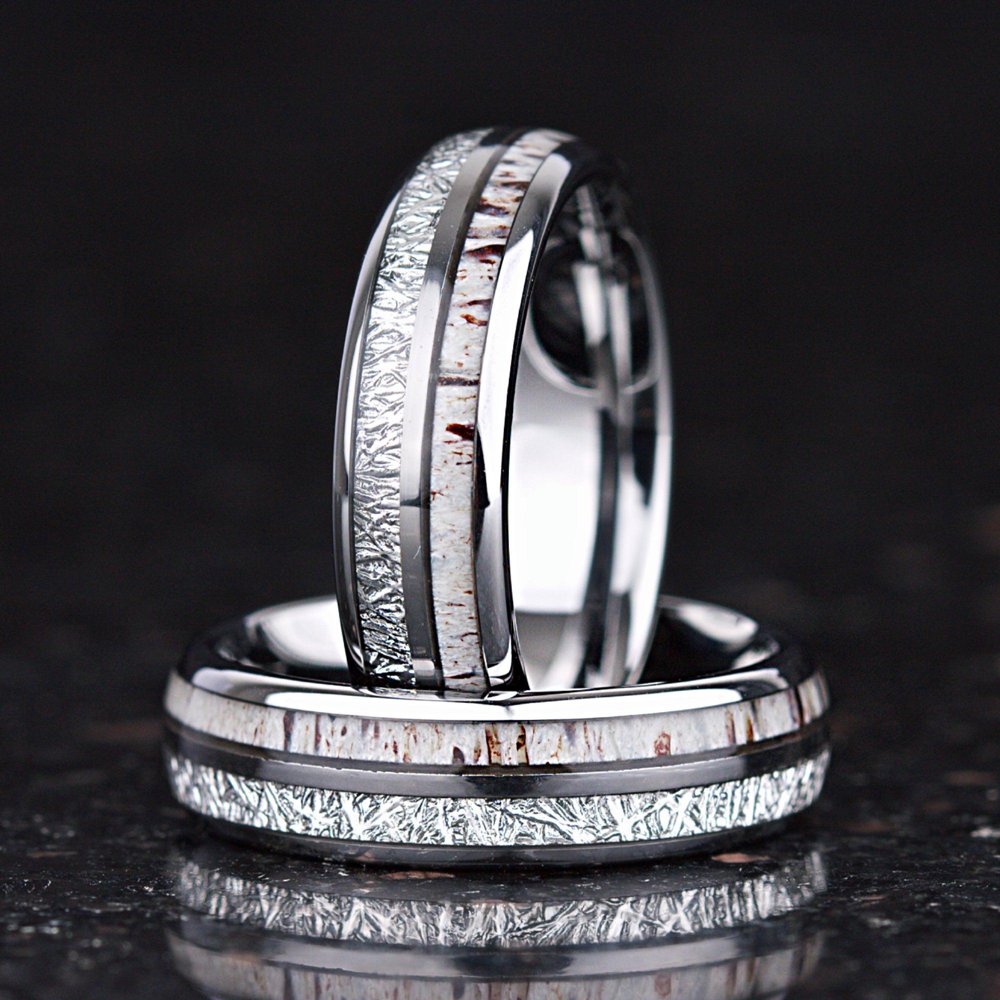 Silver ring with deer antler texture and polished finish