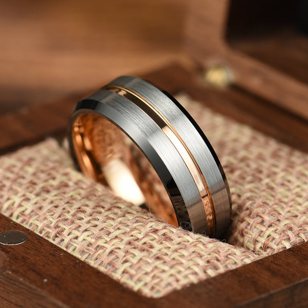 Men Wedding Silver And Rose Gold Mens Ring Engraved Silver Ring