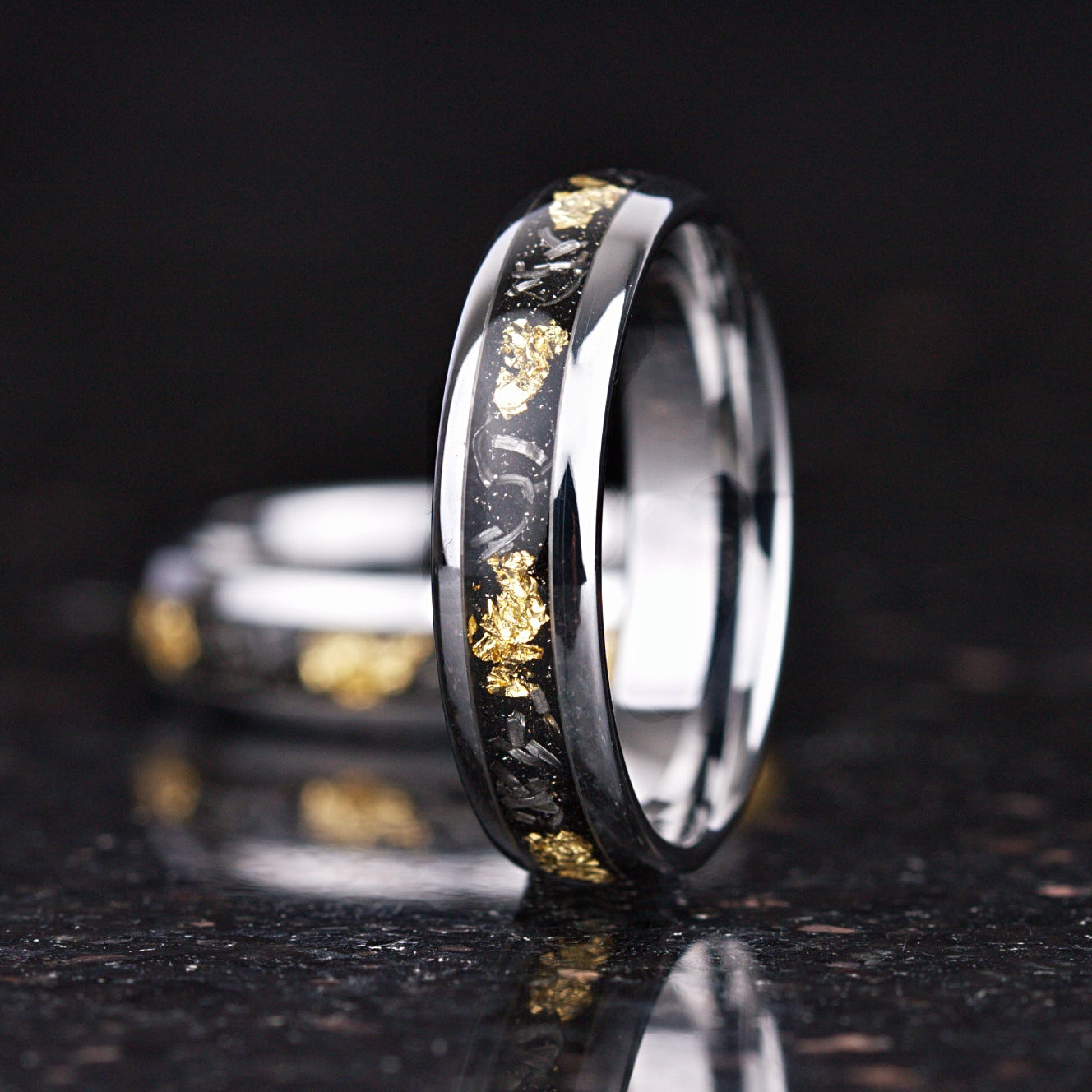 Silver ring set engraved style with meteorite and gold leaf detail