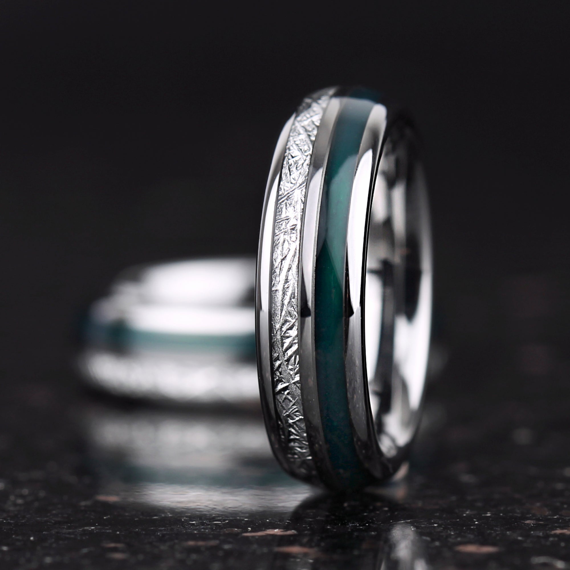 Silver wedding band with green agate and textured finish detail