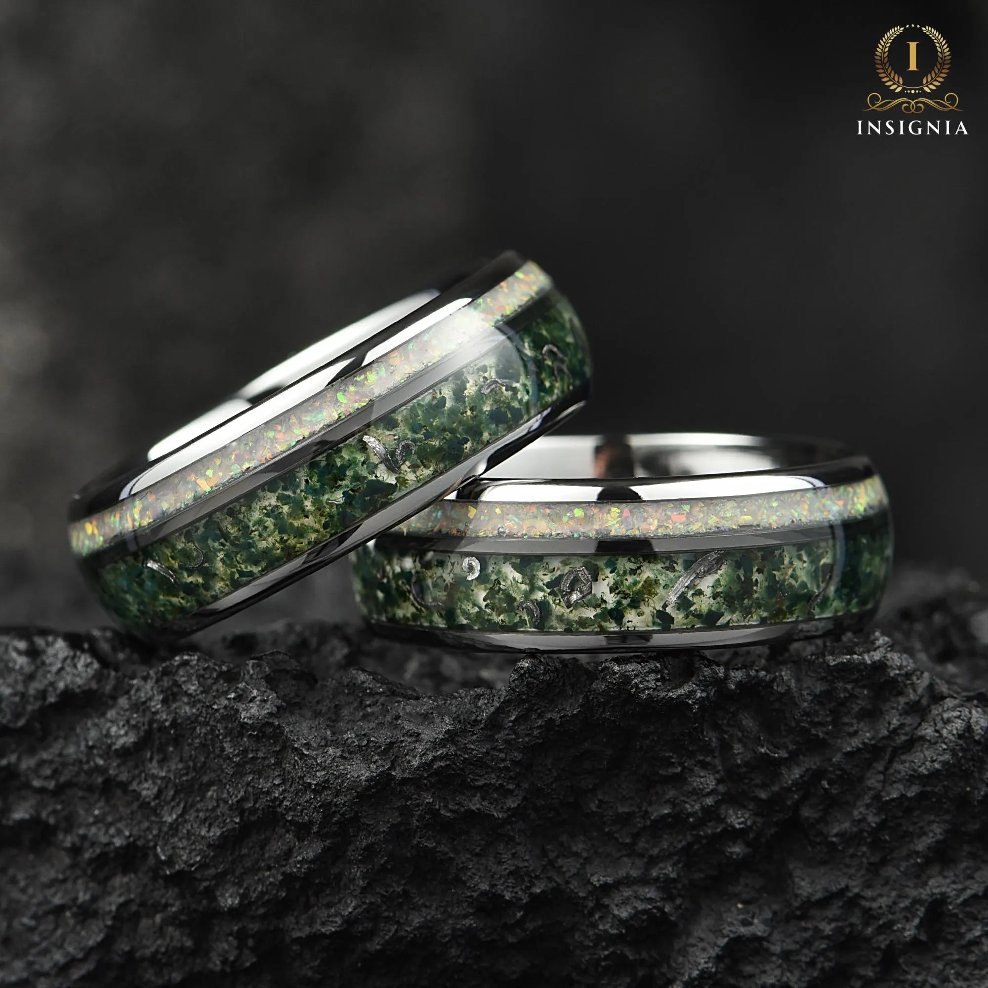 Tungsen rings couple set with meteorite and opal inlay