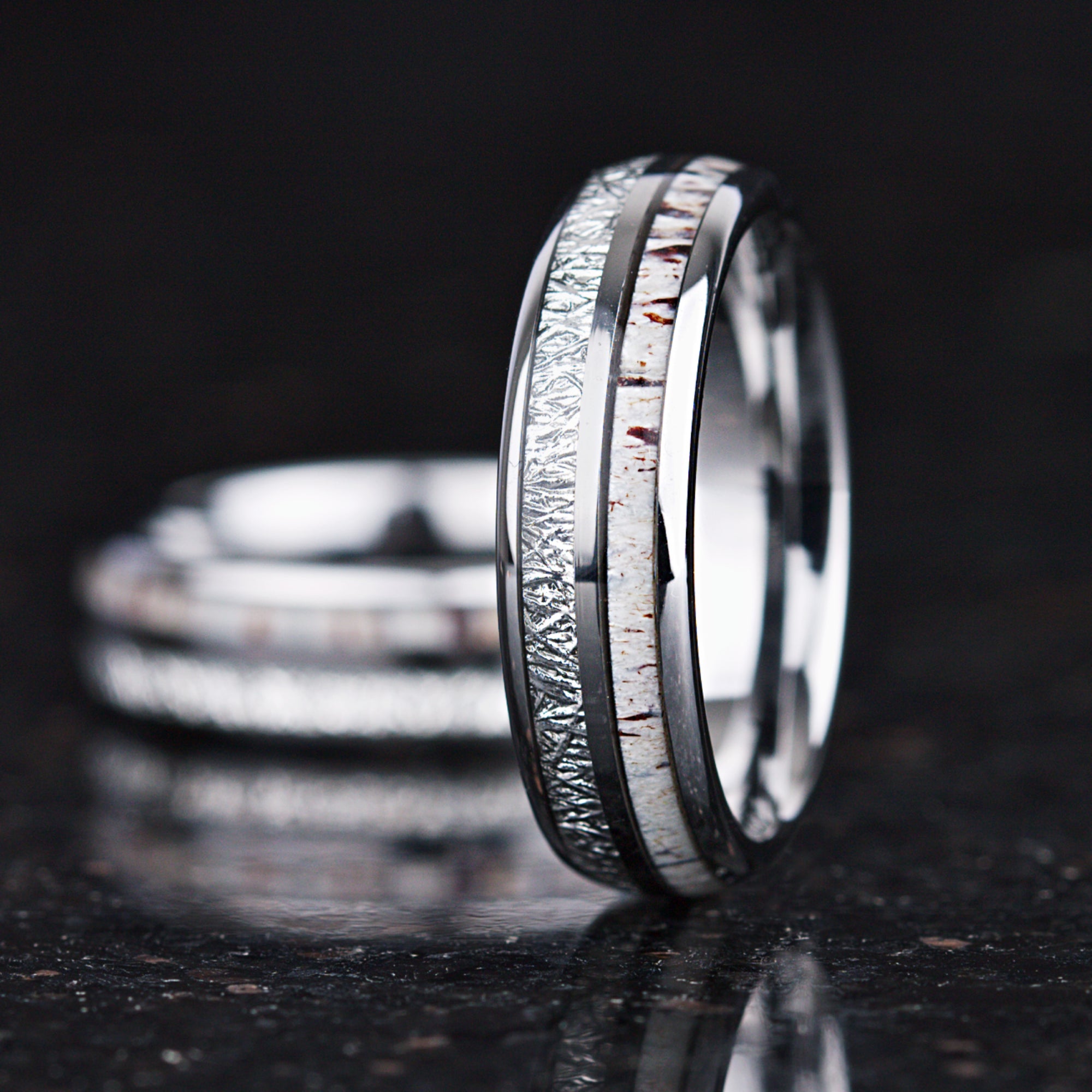 Tungsten ring with deer antler and meteorite inlay close view