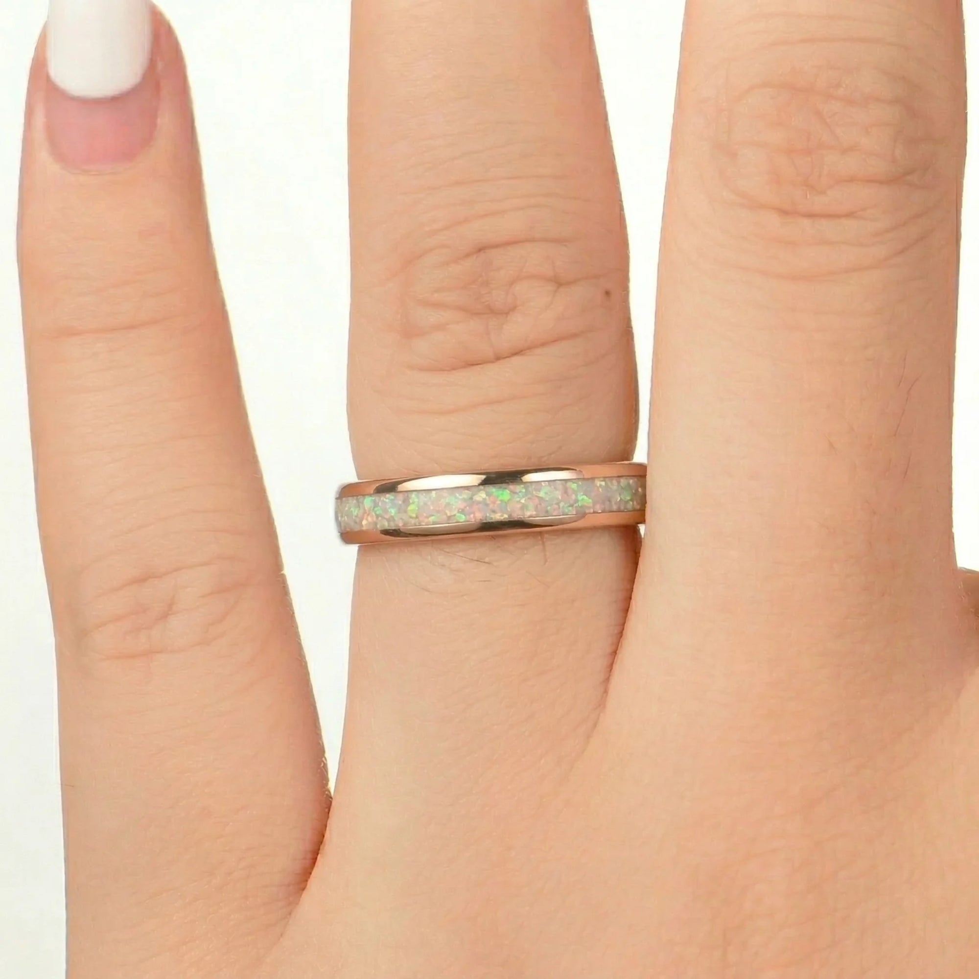 Tungsten couple ring set featuring white fire opal and moss agate band design