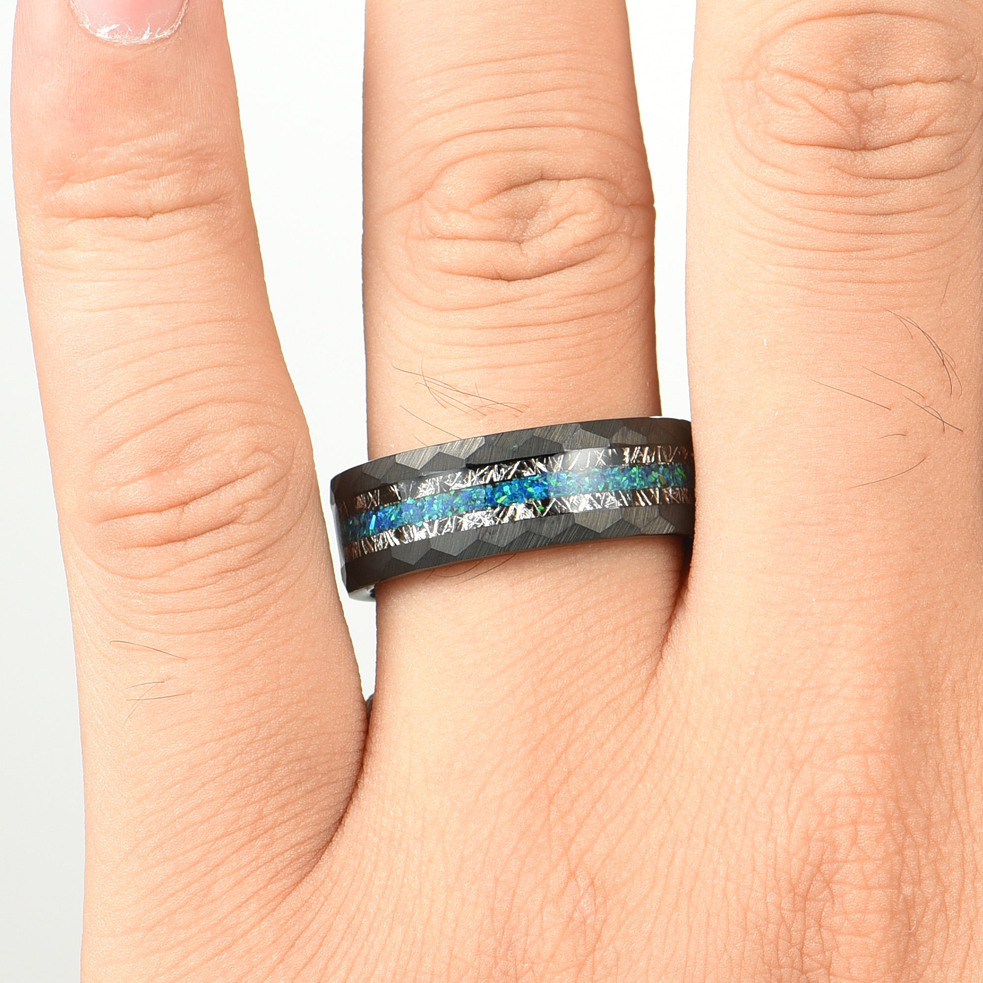 Tungsten Male Wedding Rings Meteorite Hand View