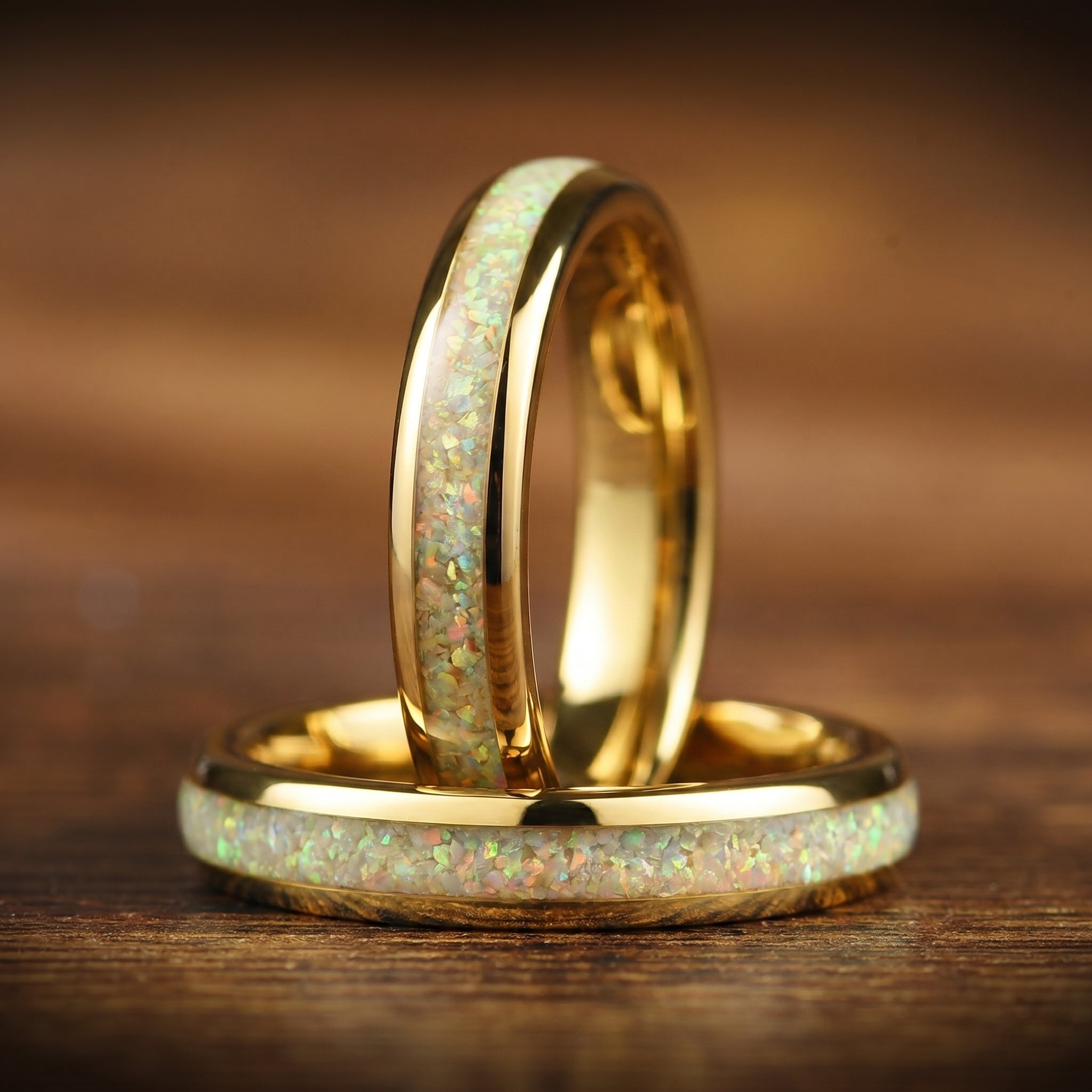 Tungsten ring set with fire opal inlay for couples
