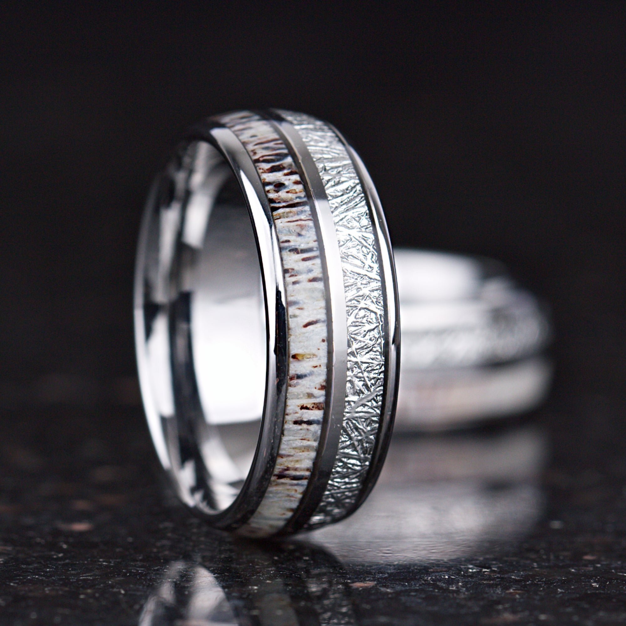 Tungsten wedding band with deer antler and meteorite combination