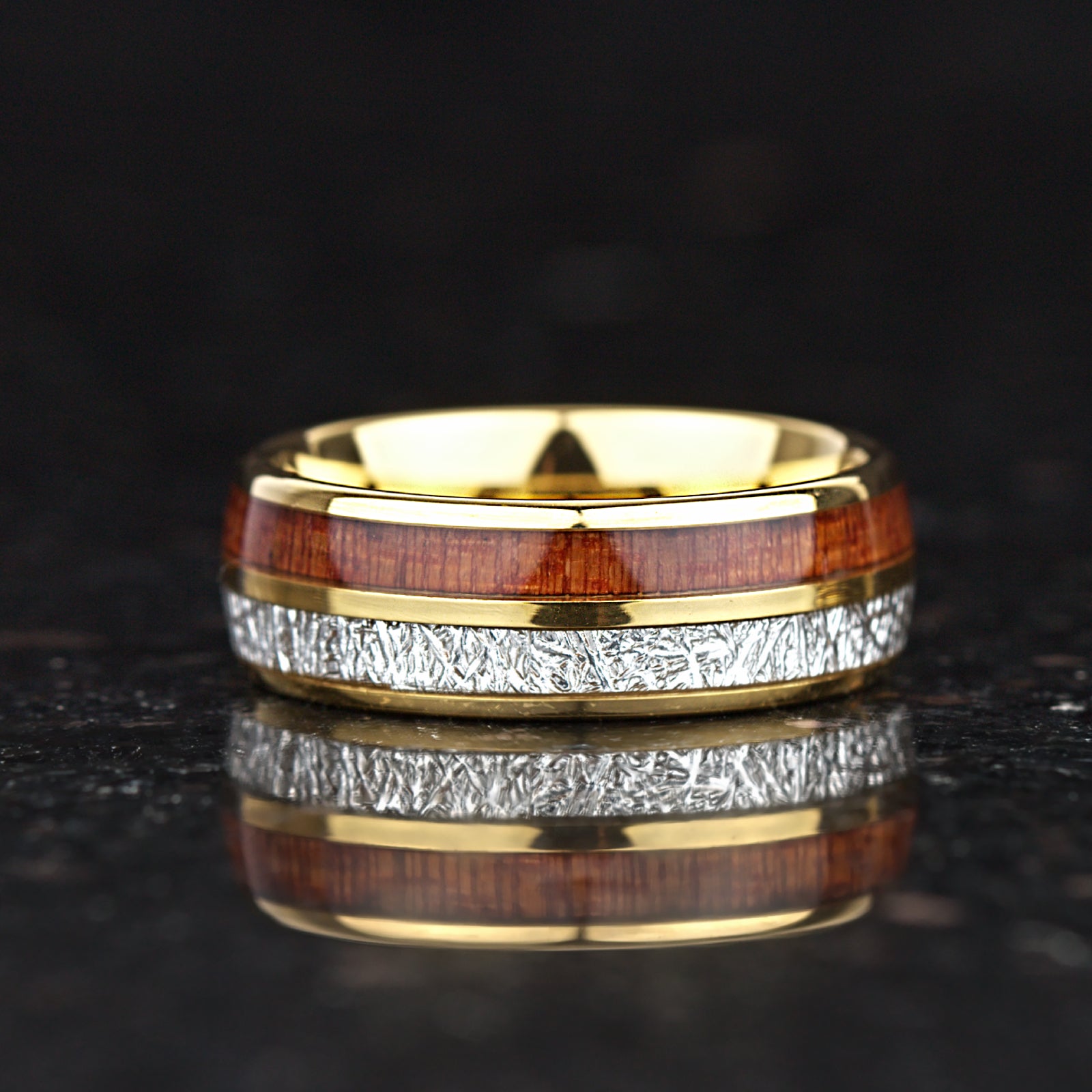 Tungsten rings wedding bands with whiskey wood inlay close view