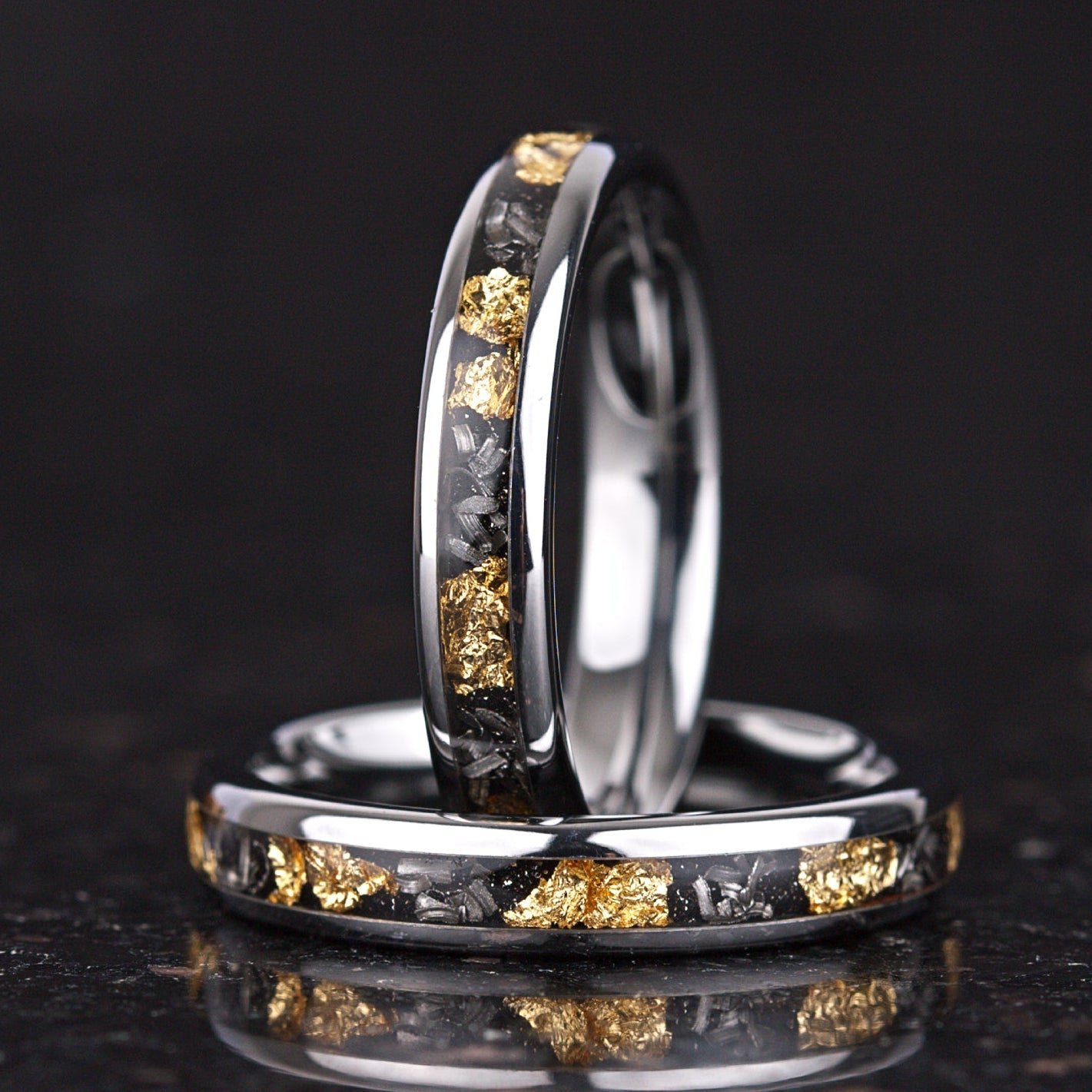 Unique couple ring set with tungsten carbide and meteorite texture